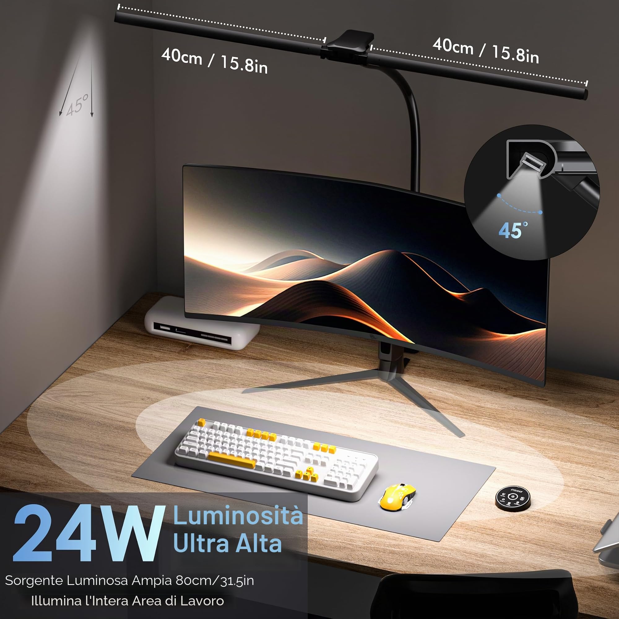 EYOCEAN Lampada da scrivania a doppia testa con clip, 24 W, 80 cm, luce diurna da scrivania con telecomando, lampada da monitor dimmerabile, collo d'oca, protezione degli occhi, colore nero