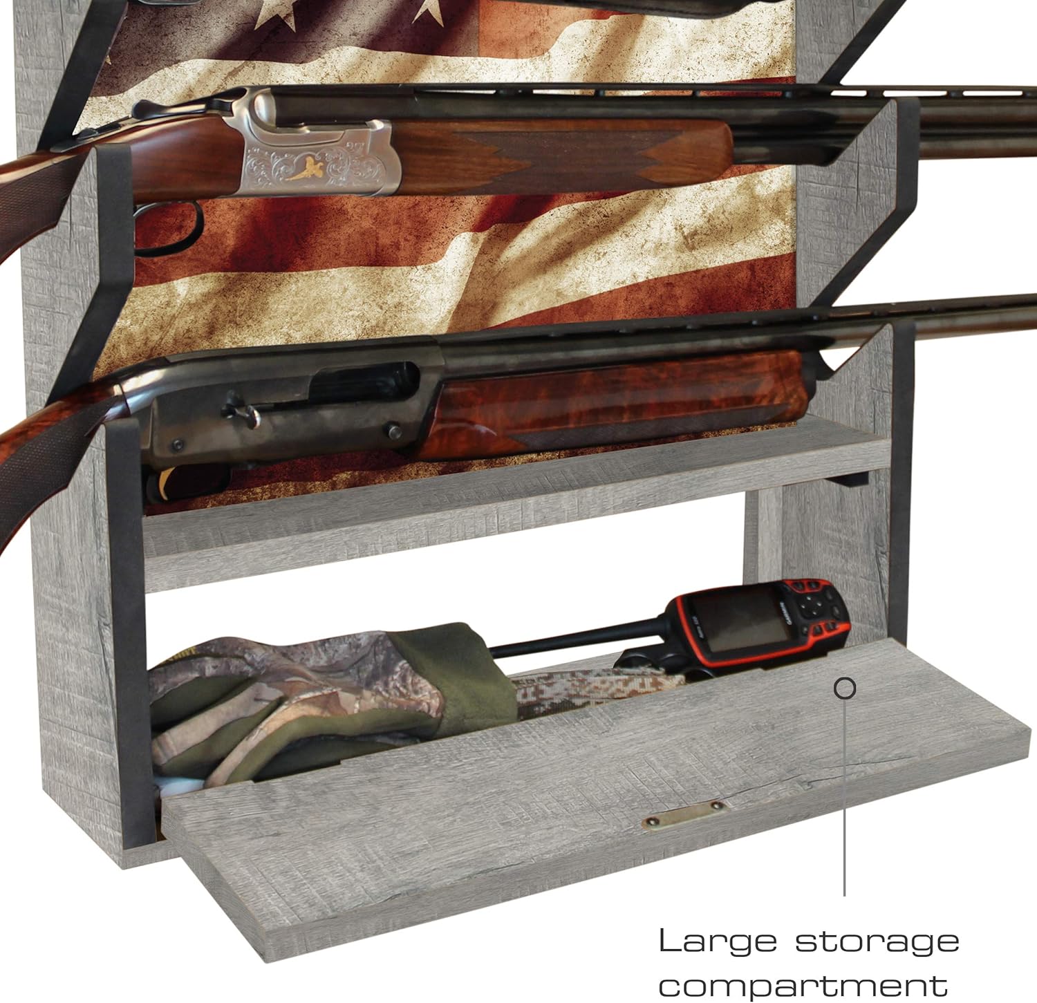 Rush Creek Creations Patriotic 4-Gun Wall Storage Rack for Rifles and Shotguns, American Flag Gun Display Rack with Storage Compartment Rush Creek Creations Patriotic 4-Gun Wall Storage Rack for Rifles and Shotguns, American Flag Gun Display Rack with Storage Compartment