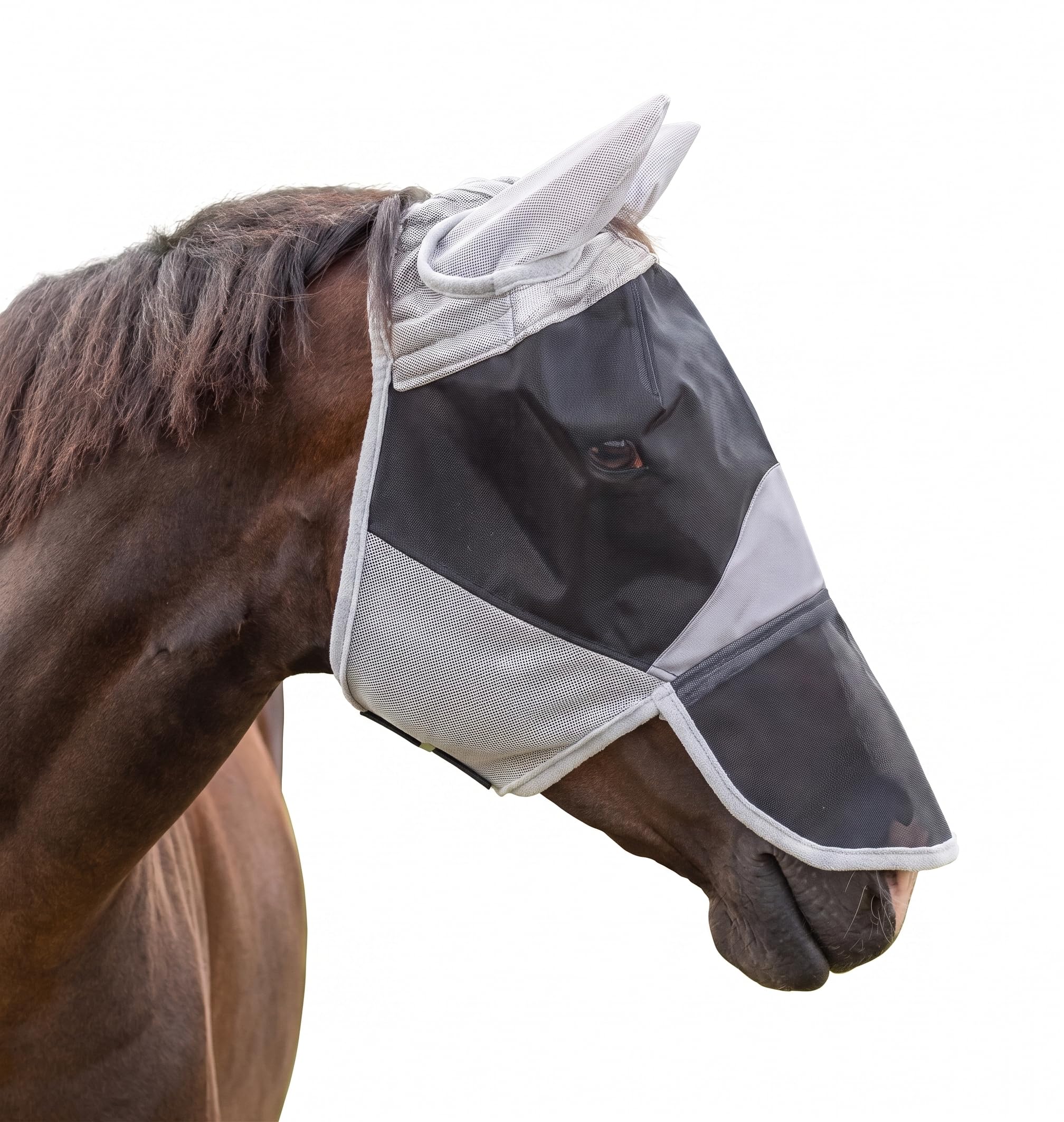 JA4041 - Maschera antimosche bianca con orecchie, in rete robusta, elastica, traspirante, materiale di colore chiaro, protezione dagli insetti, per cavallo, equitazione (Shetty)