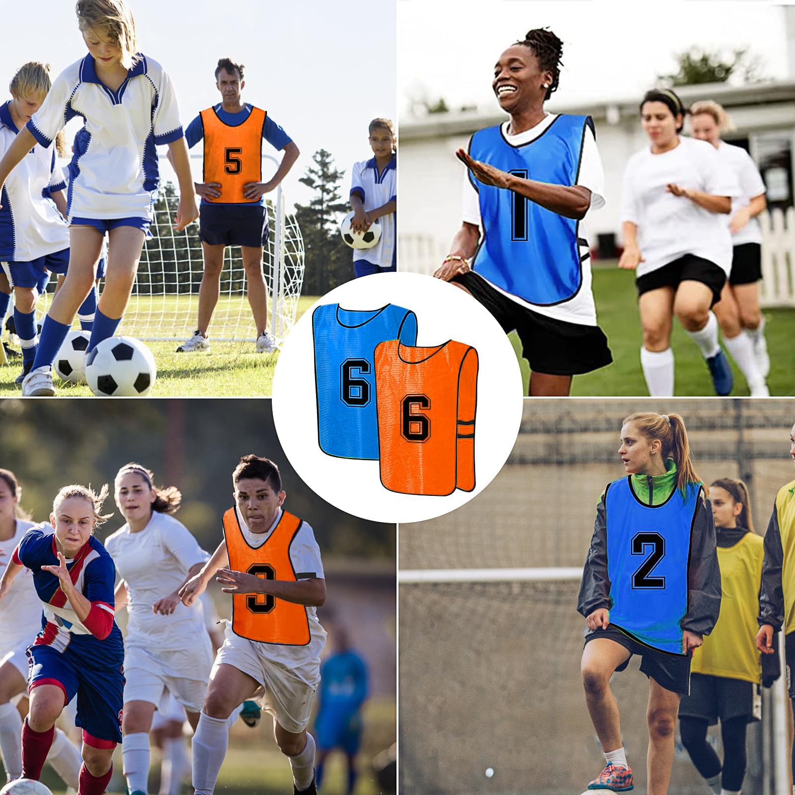 MSYU Lot de 12 gilets de football numérotés, gilet d'entraînement d'équipe à séchage rapide pour adultes et jeunes – 2 couleurs, Orange/bleu foncé, XL