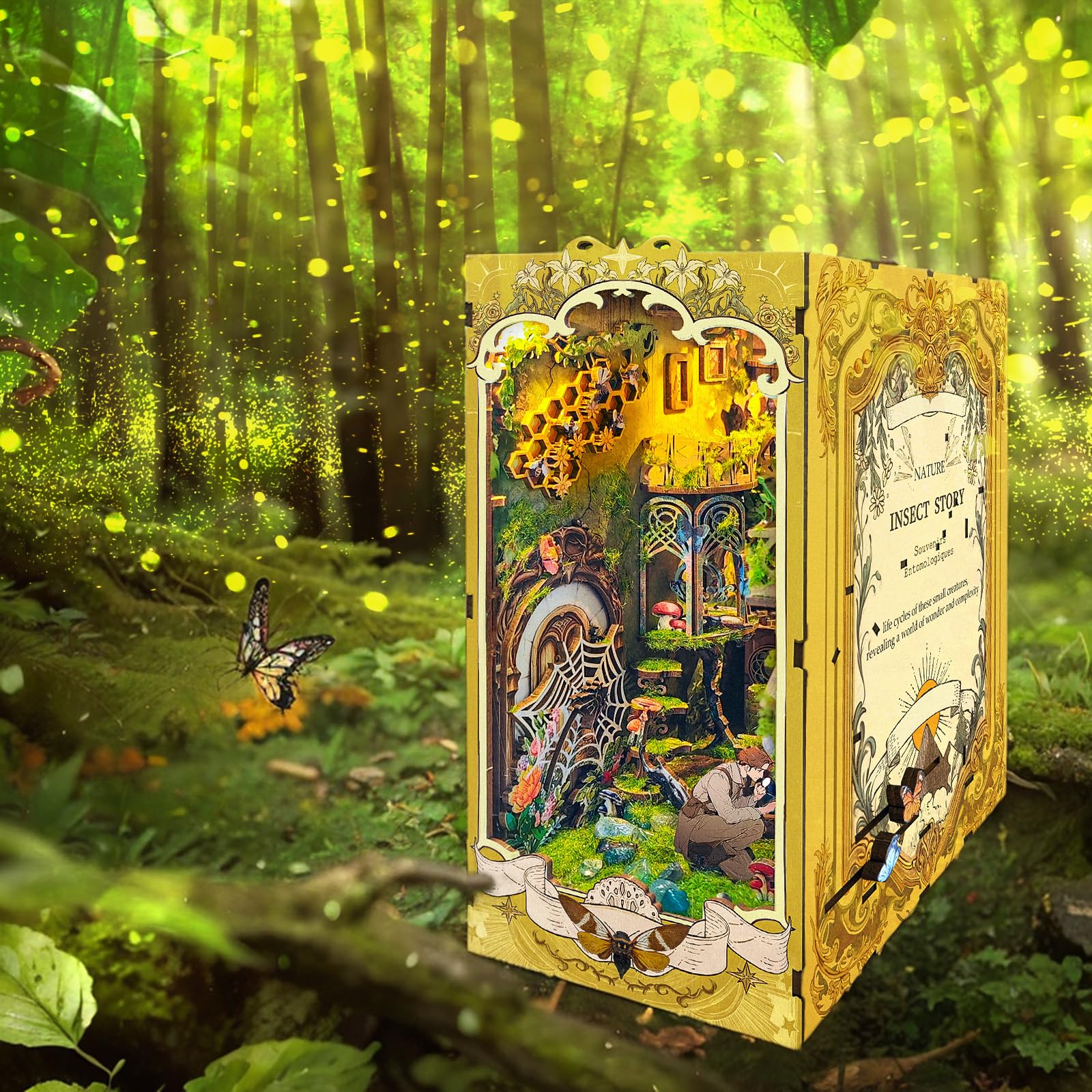 Ulikey DIY Book Nook, Fermalibri in Legno Book Nook 3D Kit per Casa Delle Bambole, Kit di Decorazione Della Libreria Con Luce LED e Istruzioni per Decorazioni e Regali Creativi