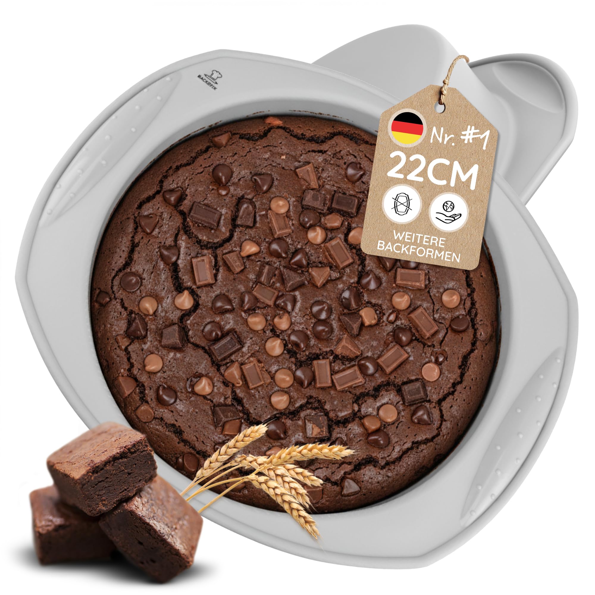 Backefix Silikon Backform rund | 22cm Kuchenform mit 1600ml – Mittlere runde Backform aus Platin-Silikon mit Griff & verstärktem Rand | Back- & Auflaufform | BPA- & PFAS-frei, LFGB geprüftes Silikon