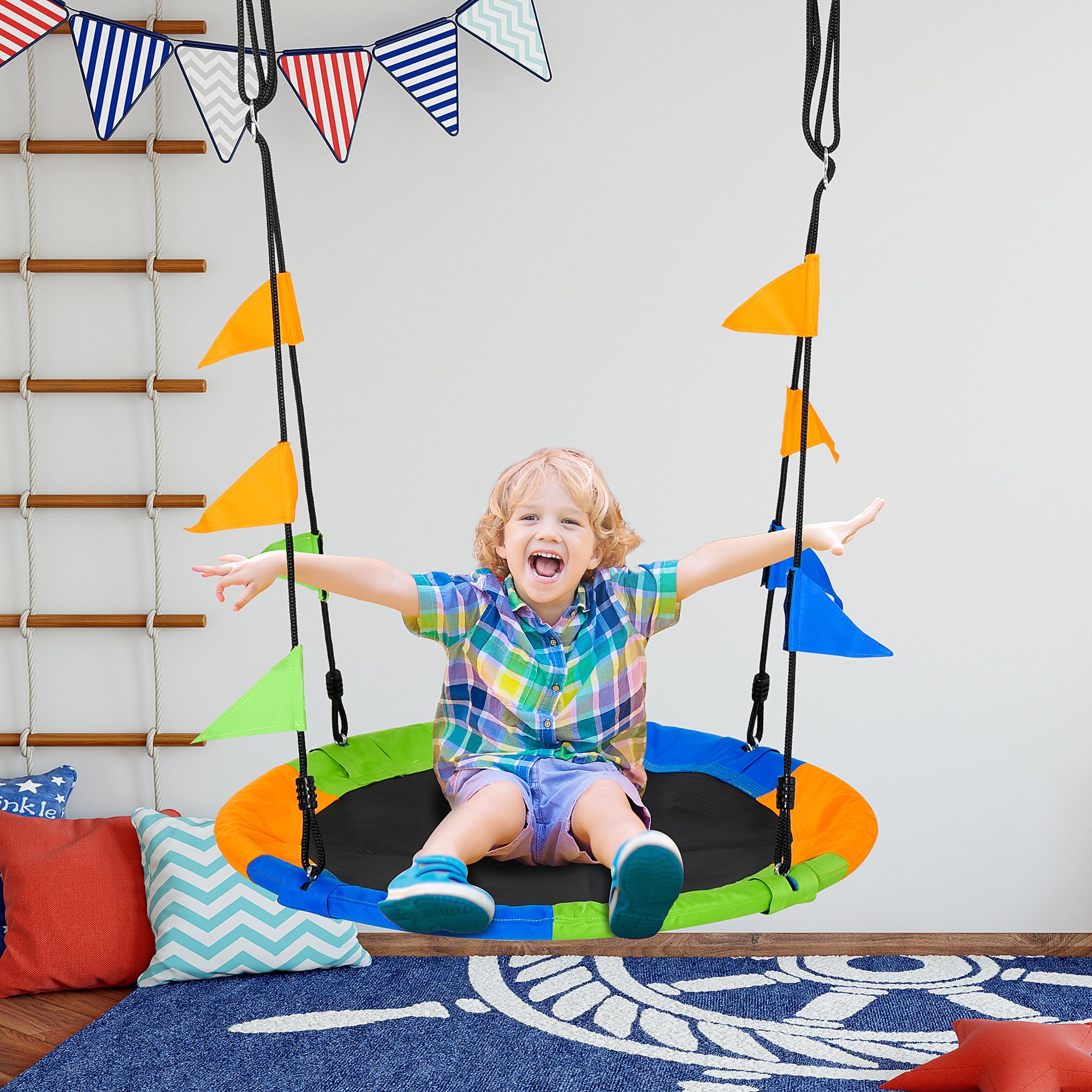 Outsunny Altalena Rotonda a Nido per Bambini 3+ Anni Φ100 cm Multicolore | Altalena da Giardino per Bambini, Regolabile 120-180 cm, per Esterni e Interni, Carico Massimo 80 kg