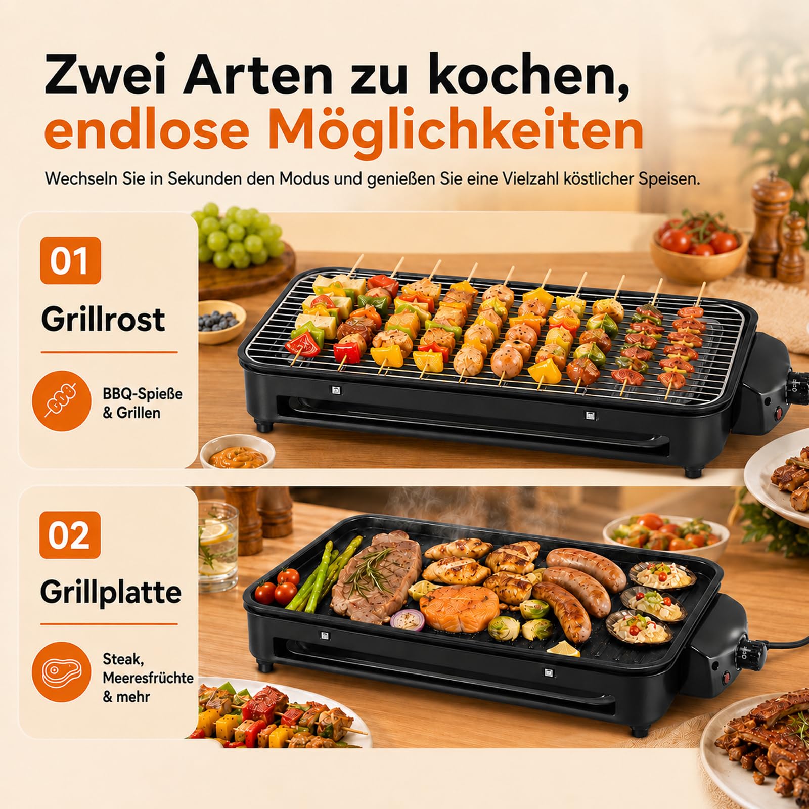 Barbacoa de mesa eléctrica con plancha 2 en 1, gran superficie de parrilla para interior y exterior, 1500 W, 5 niveles de calor ajustables, parrilla eléctrica con plancha para balcón y cocina, fácil