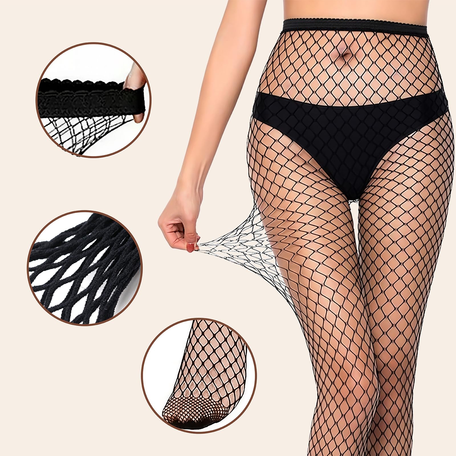 Fishnet Stockings for Women, High Waist Tights Fishnet Stockings, Black Thigh High Pantyhose, One Size Fit All: Black-3 Pair