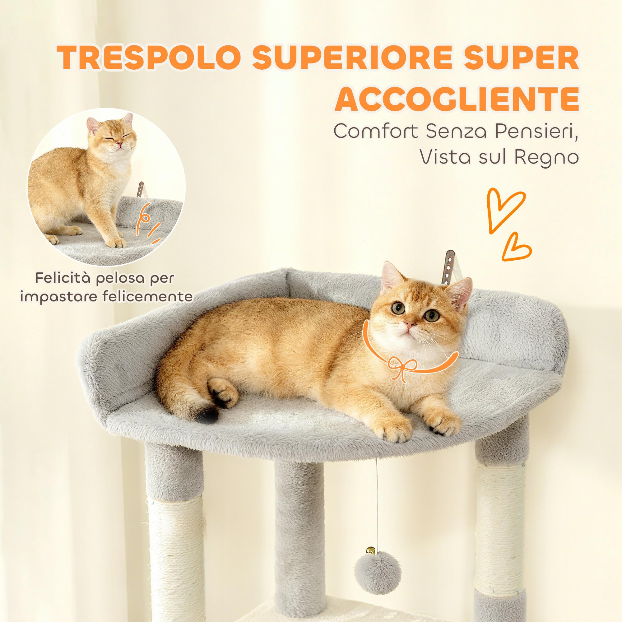 PawHut Albero Tiragraffi per Gatti Multilivello Alto 170 cm Grigio Chiaro | 7 Pali Graffiatoi, 2 Grotte, Piattaforme, Lettino, Amaca, 2 Pompon, Scala, Tunnel, Torre Gattini, Peluche, Gatti Adulti