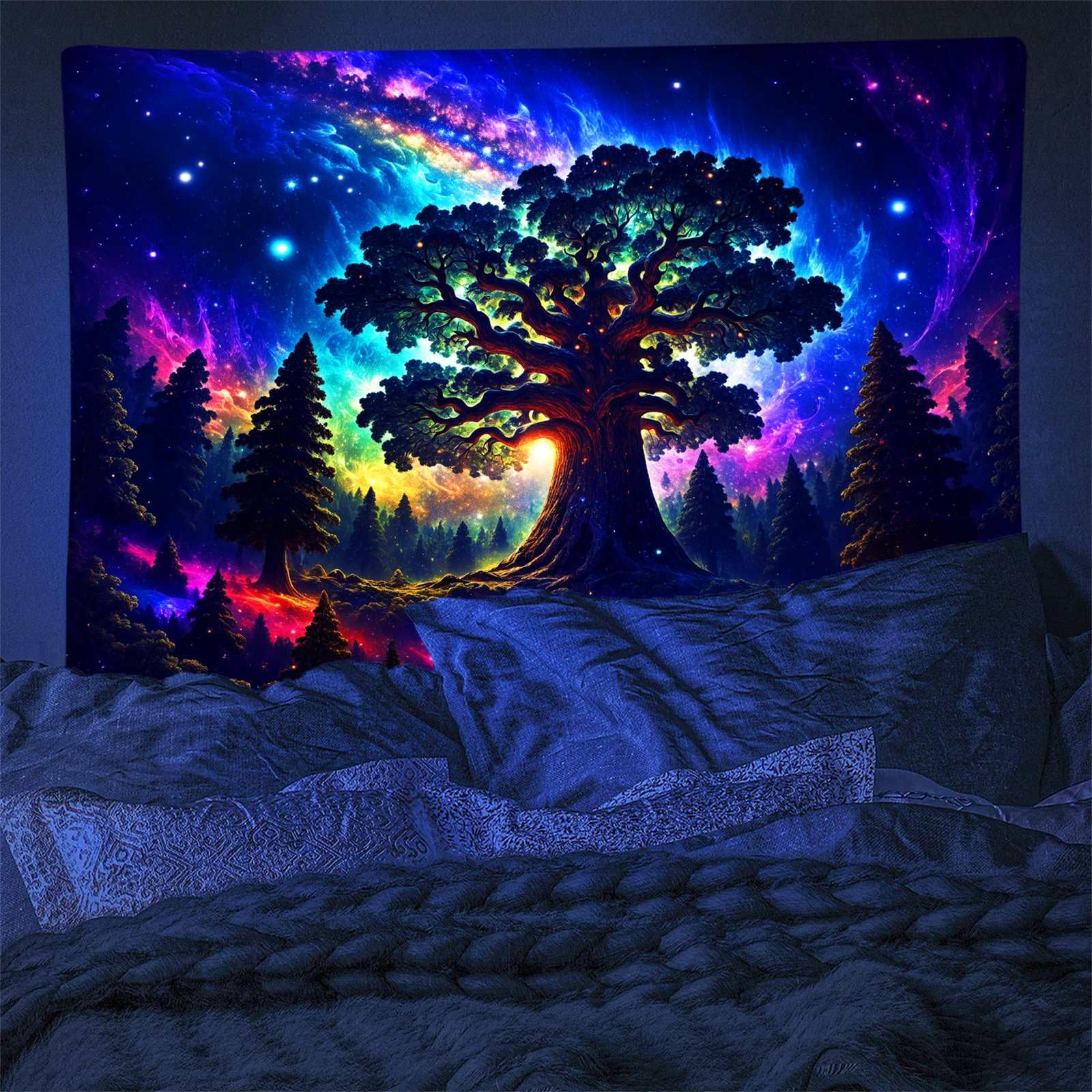 Arsey Schwarzlicht Wandteppich Wald Trippy UV-Reaktive Wandteppiche Hochkant Baum Sterne Galaxy Aesthetic Wandtücher Wandtuch Deko Wohnzimmer, Bunt, Groß 200x150cm