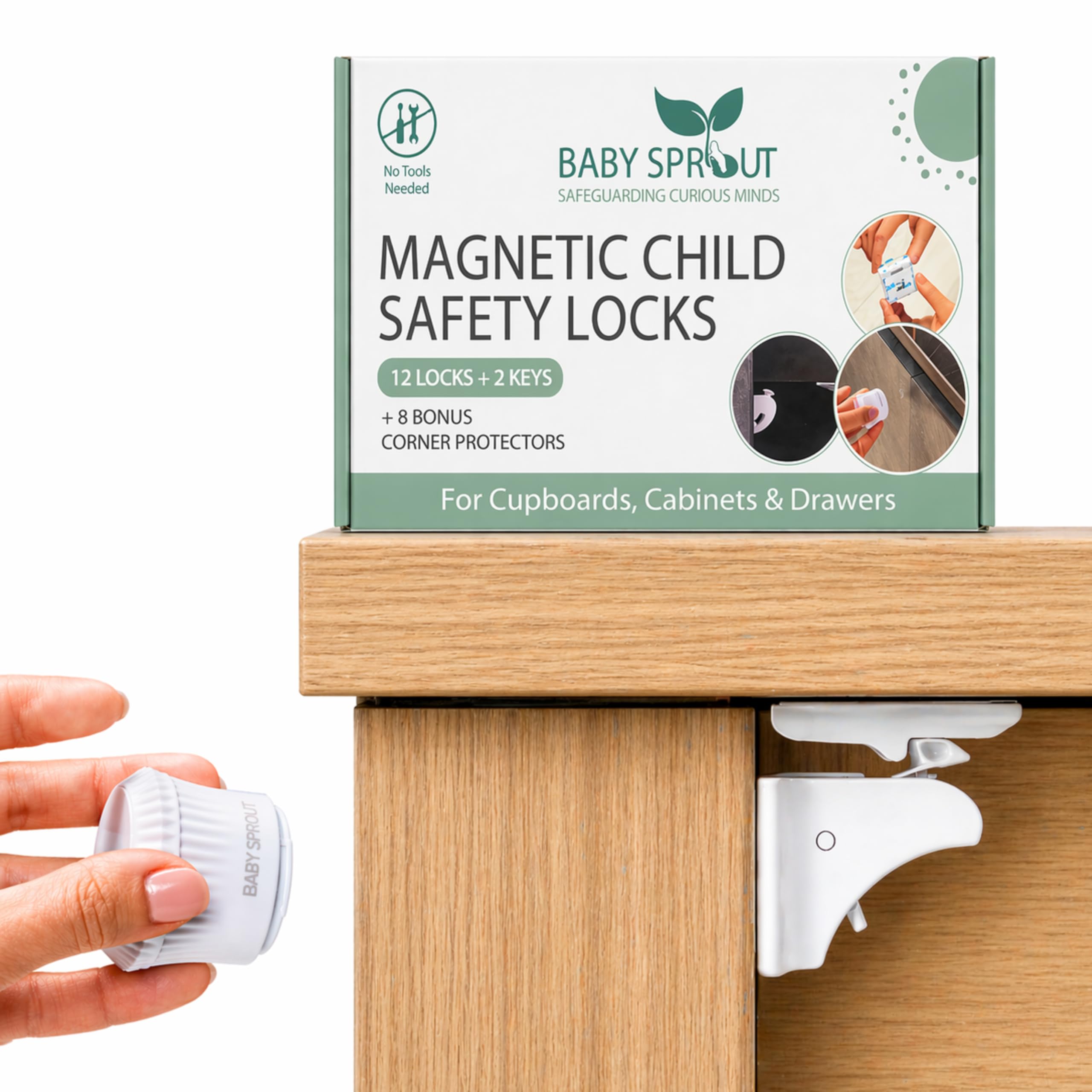 BABY SPROUT® Magnetic Cupboard Locks for Children [12 Locks + 2 Keys + 8 Corner Protectors] | Baby Proofing Child Locks for Kitchen Cupboards, Drawers & Cabinet Lock | No Drilling, 3M Install