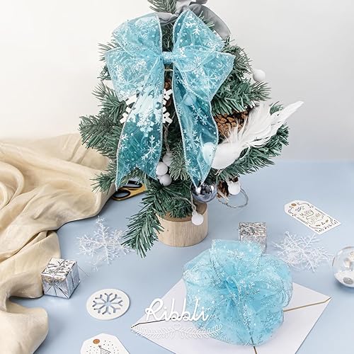 Miniatura 7 de Ribbli Cinta con alambre de purpurina de copo de nieve, cinta transparente de organza dorada con patrón de copo de nieve con purpurina dorada y