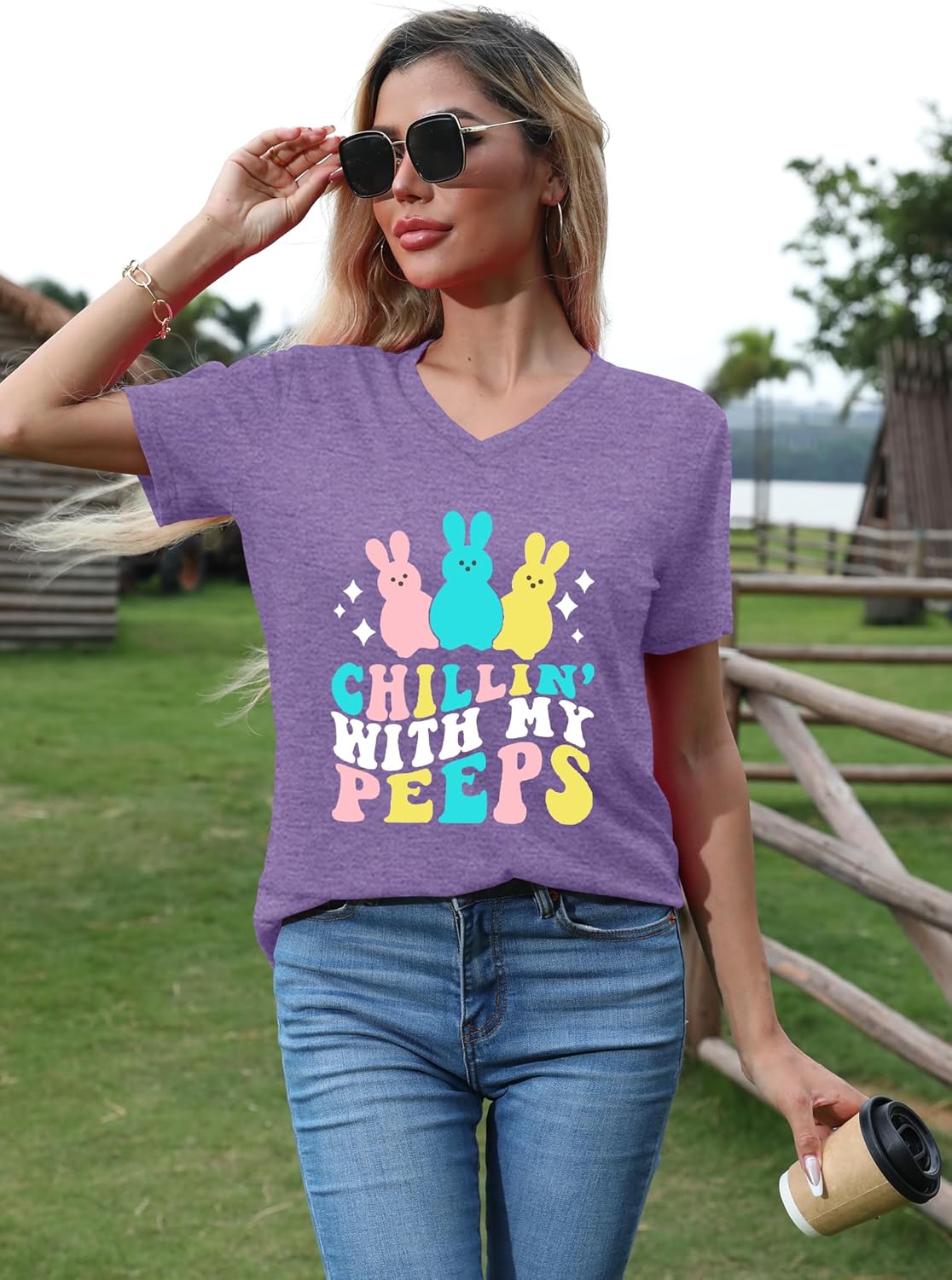 Easter Shirt Women Cute Bunny T Shirt Happy Easter Shirts Rabbit Graphic Easter Gift Tees Holiday V Neck Tops - Image 3