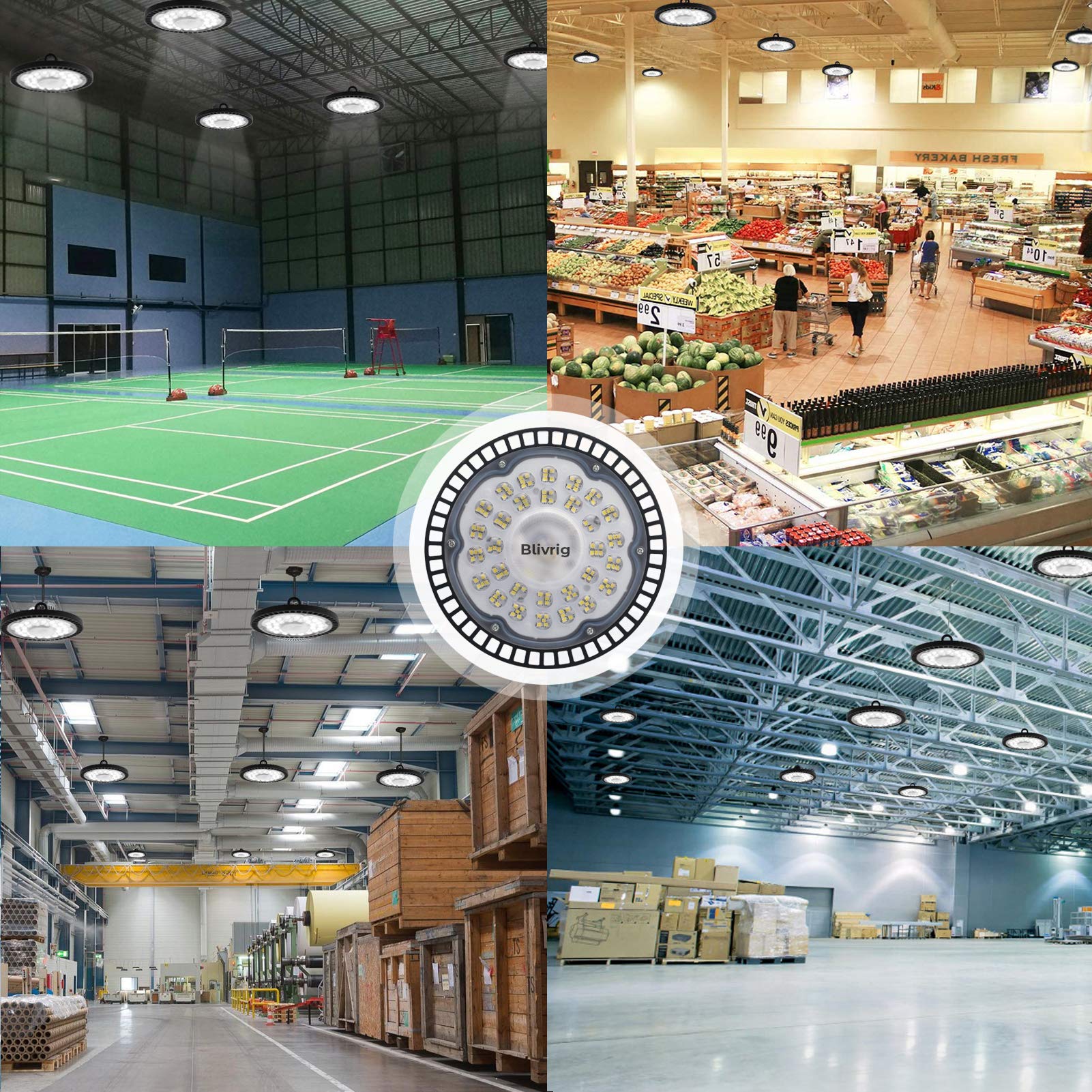 6 Stück 300W UFO LED Werkstattlampe, 30000LM Hallenstrahler 6000K Kaltweiß | IP65 Wasserdicht, 120° Strahl, 288 LEDs Superhell Industrielampe für Fabriken Garage Lagerhaus
