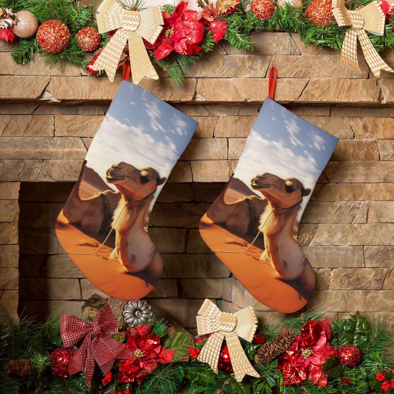 KLOPH Christmas Stockings 18" Personalized Xmas Stocking Camels Rest Desert Decoration Stocking Hanging Fireplace Stocking for Holiday Xmas Tree Christmas Fireplace Decor