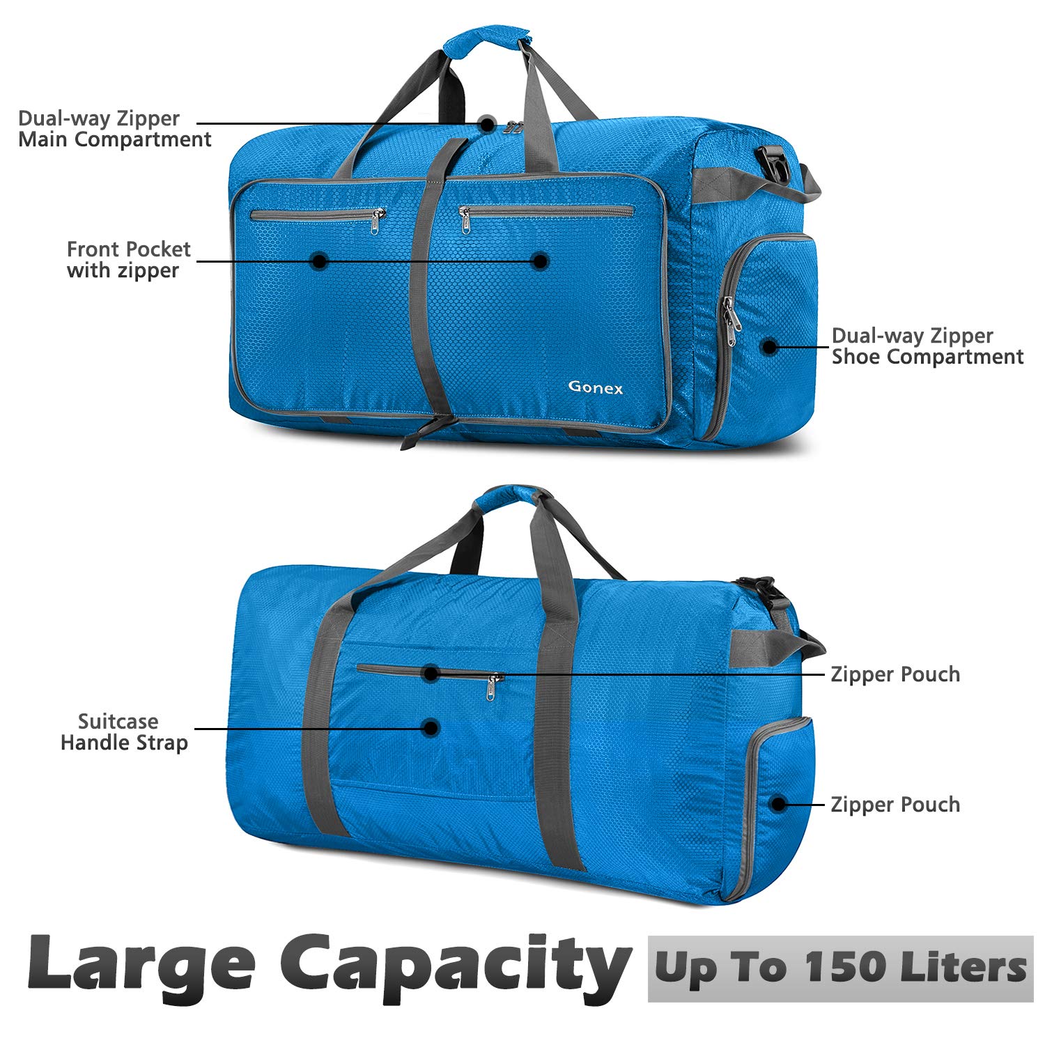 Gonex Składana torba podróżna z przegródką na buty, pakowalna, lekka, wodoodporna, duża torba na kemping, siłownię, torba weekendowa, 40 l, 60 l, 80 l, 100 l, 150 l