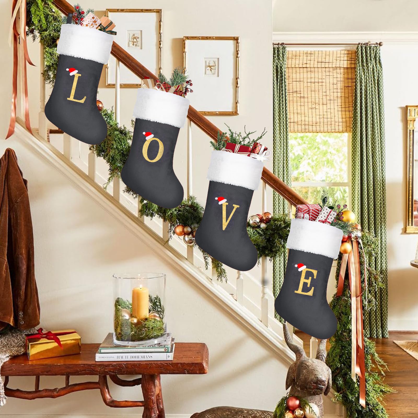 papasgix Personalisierte Weihnachtsstrümpfe mit Buchstaben Bestickter Nikolausstrumpf Christmas Stockings Plüschbündchen Kamin Deko Weihnachten Ornamente Geschenkhalter(Grau,5pcs)