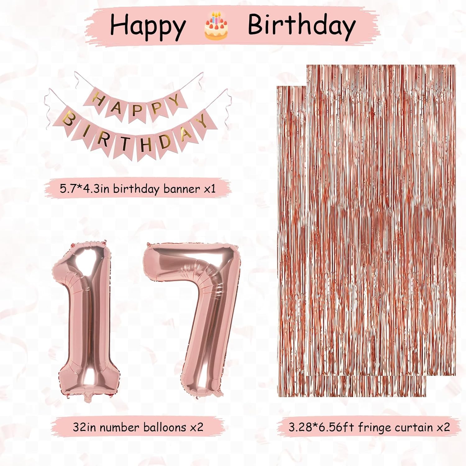 17th Rose Gold Birthday Party Decorations for Girls, Rose Gold Happy Birthday Banner, Fringe Curtains, Heart Foil Balloons, Confetti Balloons, Cake Topper for 17th Birthday Decorations - Image 4