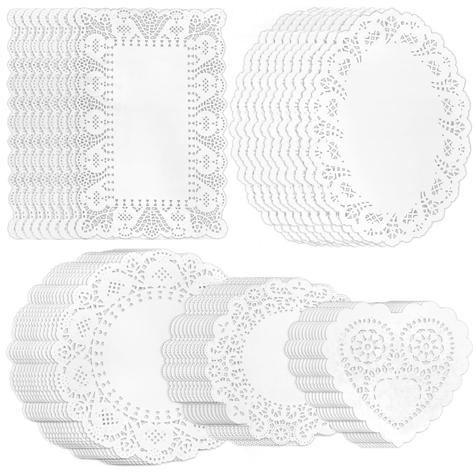 350PCS Paper Doily Lace, Various Size, Food-Grade Modern Decorative in Bulk, Add Elegance to Crafts, Cakes, Desserts, Dining Tables, Eeddings (Heart-Shaped Round Rectangle Oval White