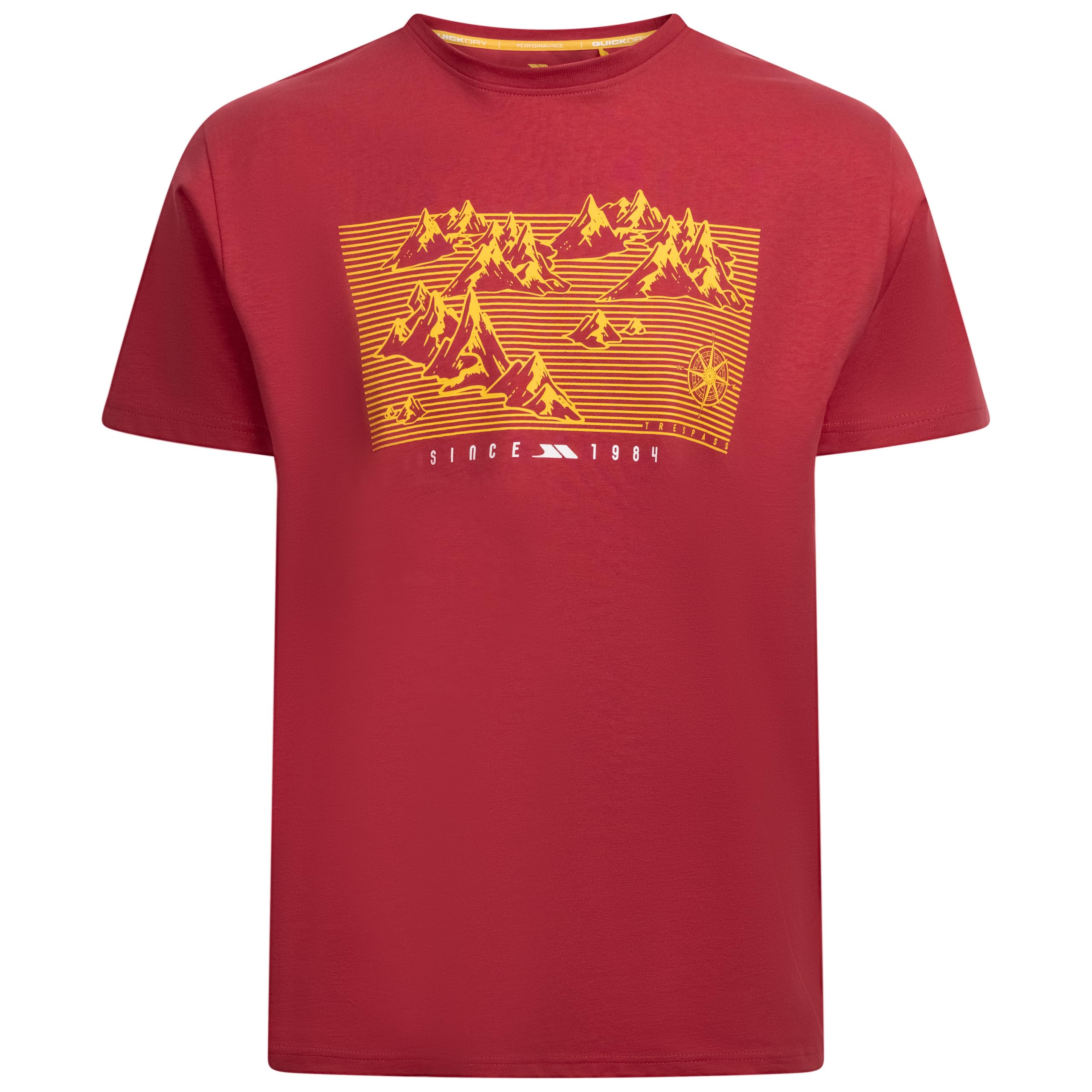 Trespass Men's Claret T-Shirt Manny - Short Sleeves, Round Neck, Chest Print, Sideseam Tab, Knitted, 60% Cotton, 40% Polyester, Wicking, Quick Dry
