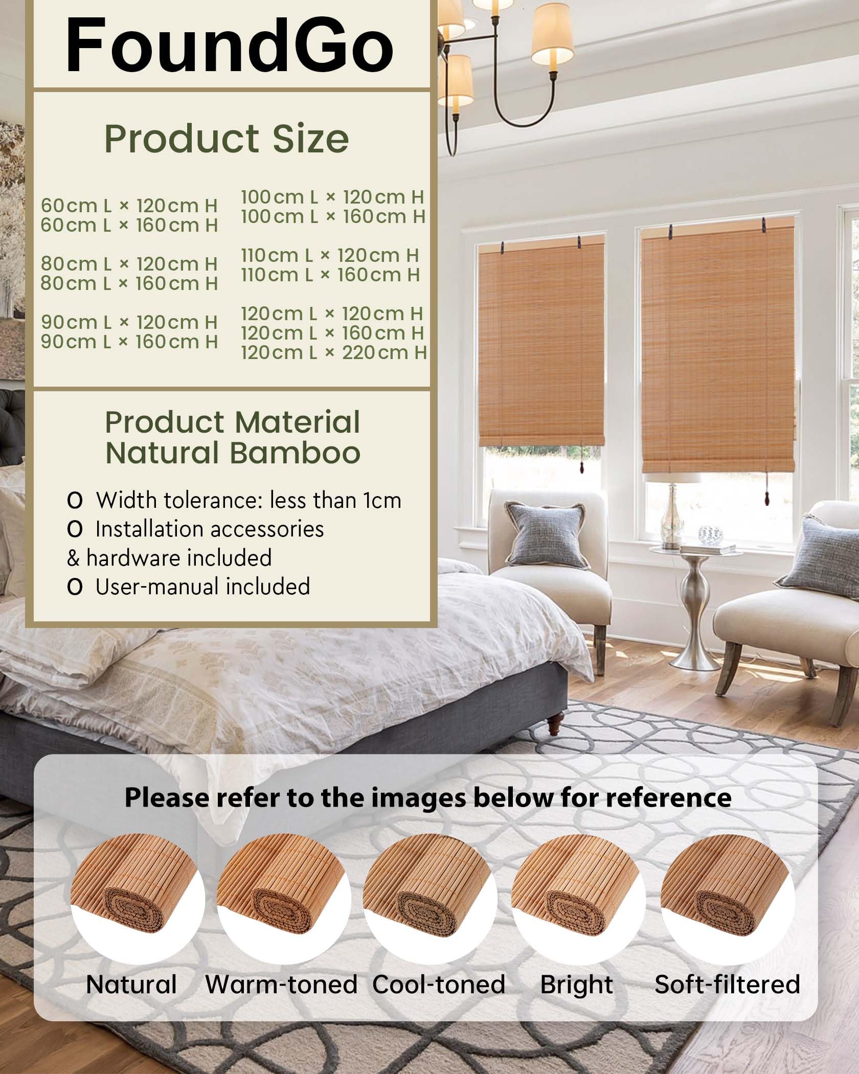 FoundGo 120x160cm Bambusrollo Retro Bambus Rollo Breit Fenster Rollo aus Bambus für Innen, Sichtschutz Sonnenschutz Bambusrollo Jalousie für Tür & Fenster (Breite x Länge)
