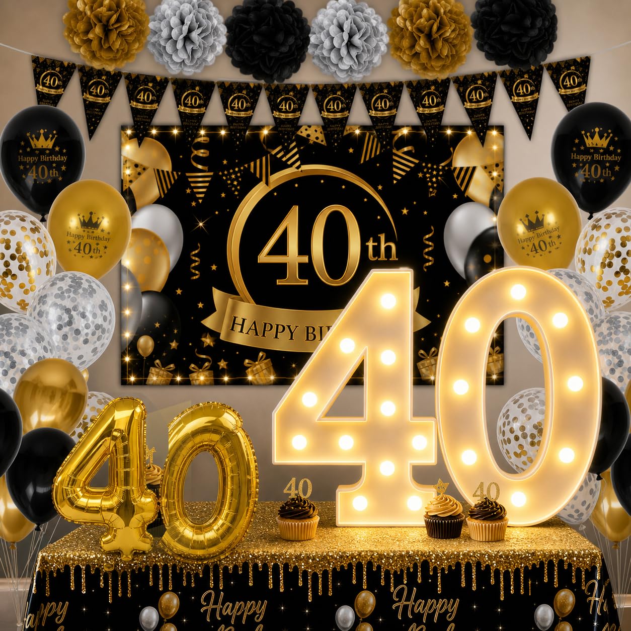 40th Birthday Decoration Man Women, Black Gold Balloons, Banner, Triangle Bunting, Cake Topper, Happy 40th Bday Decorations Banners Tablecover, 40 Year Old Bday Gifts Party Supplies