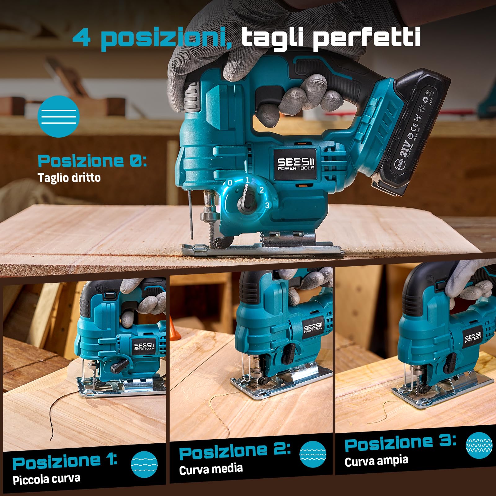 Seesii Sierra de Calar sin Cable 21V, Sierra de Calar Eléctrica con 2× 2.0Ah Baterías, 2800RPM Velocidad Variable para Cortar Madera, Cortes Biselados 0°-45°, Luz LED, 4 Ajustes Orbitales