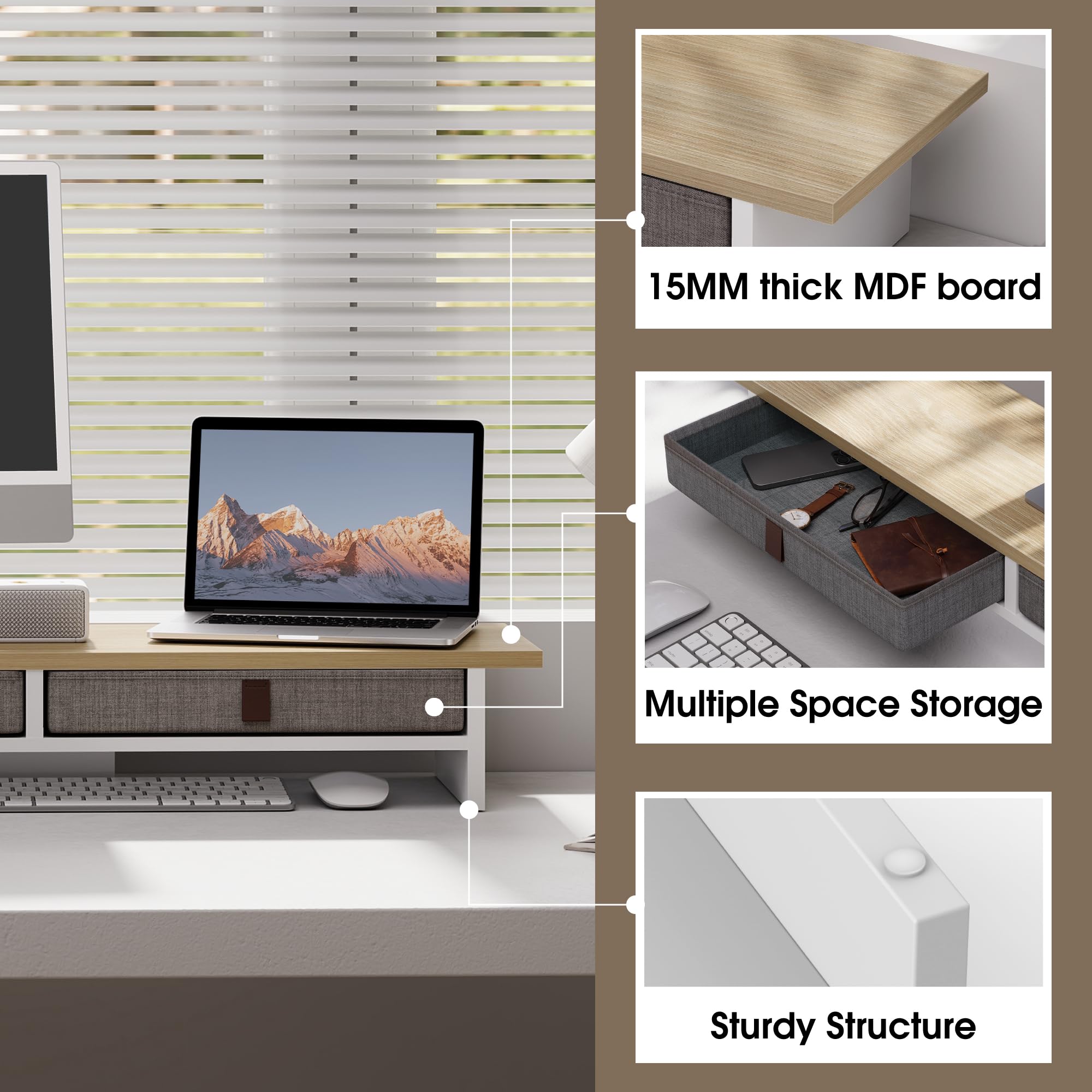 Fenge Dual Monitorständer Riser 2 Etagen Computer Monitor Ständer mit Schublade für PC Laptop Drucker TV, 90x23,5x14,2cm Tragfähigkeit 25KG (Eiche)