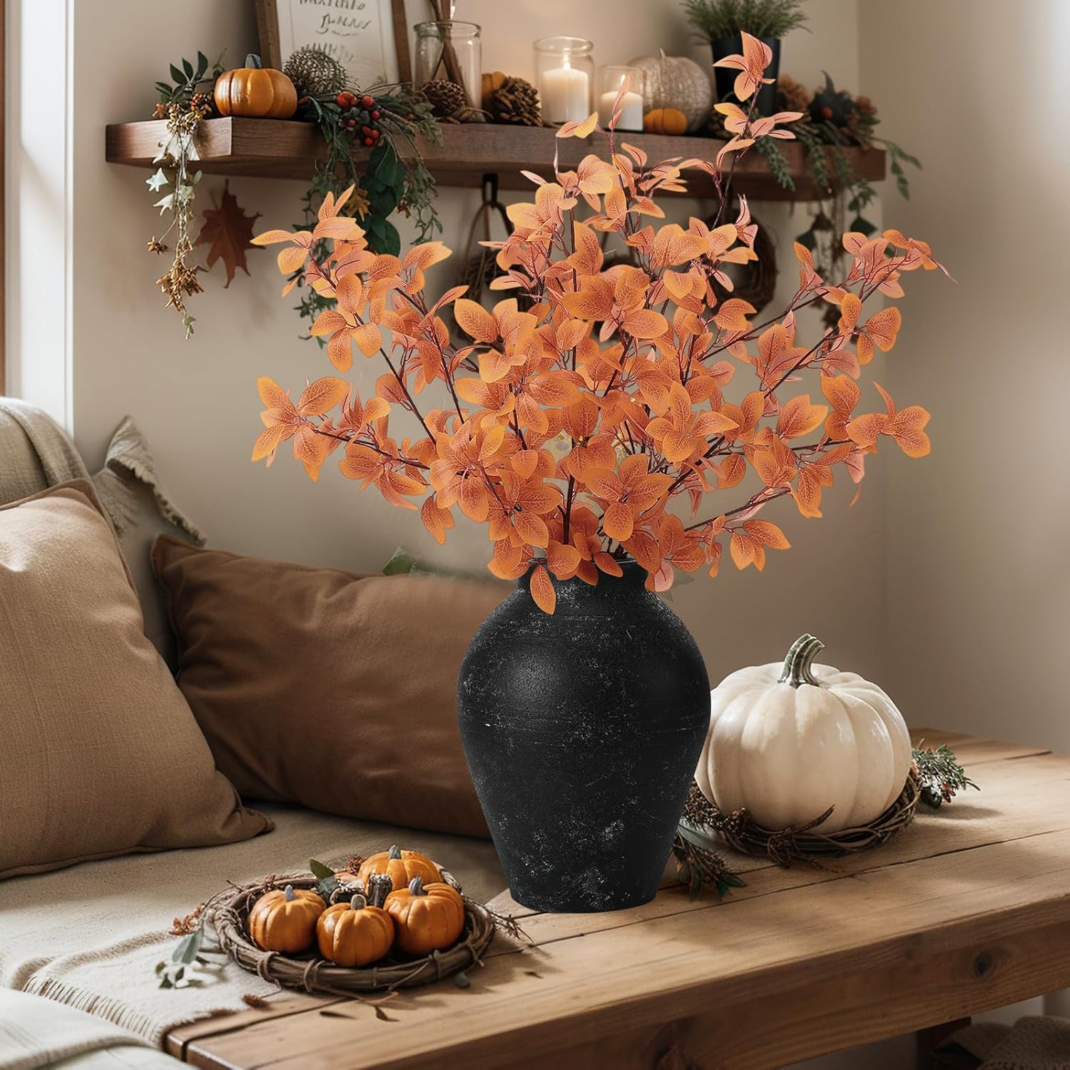 Janinka 5 Pcs Artificial Fall Eucalyptus Leaves Stem 33.5" Fall Stems for Vases Autumn Eucalyptus Leaves for Mantel Farmhouse Thanksgiving Halloween Table Centerpiece Bathroom Decor (Brown) - Image 5