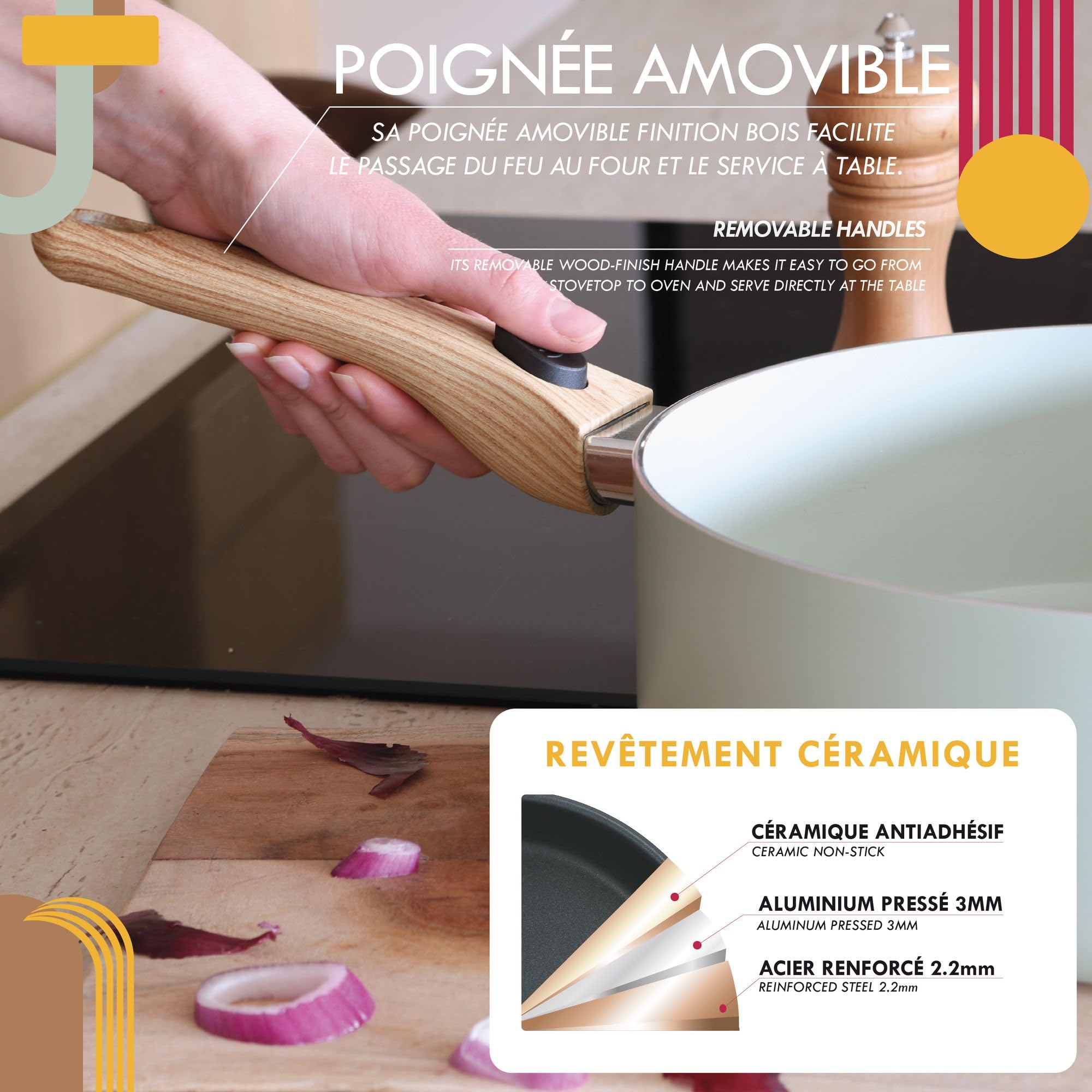 MENASTYL - Set culinaire multi-usages amovible Céladon 28cm en aluminium - Ustensile tout-en-un compatible tous feux et lave-vaisselle - Revêtement en céramique - 6020894
