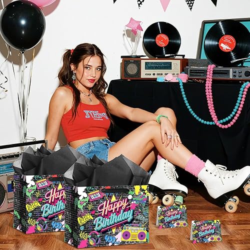 Miniatura 2 de Yoirrat Graffiti - Bolsa de regalo de cumpleaños de los años 80 y 90, decoración de fiesta de cumpleaños, estilo hippie, con tarjeta de felicitación