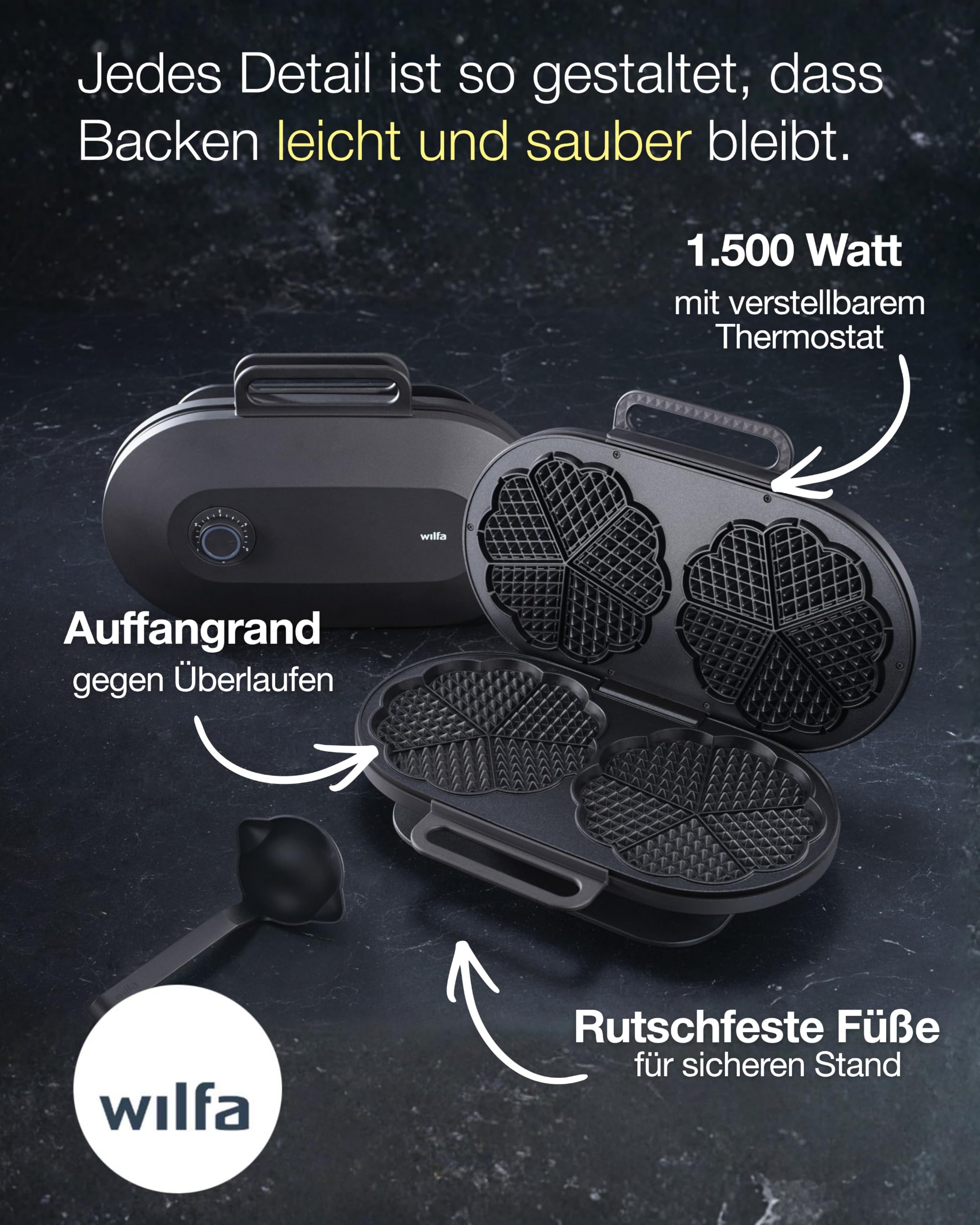 Wilfa JOY Double Waffeleisen I 1.500 Watt I 2x18cm große Herzwaffeln I 5 Temperaturmodi I Mit Alarm-Glocke I Inkl. Teig-Löffel (schwarz)