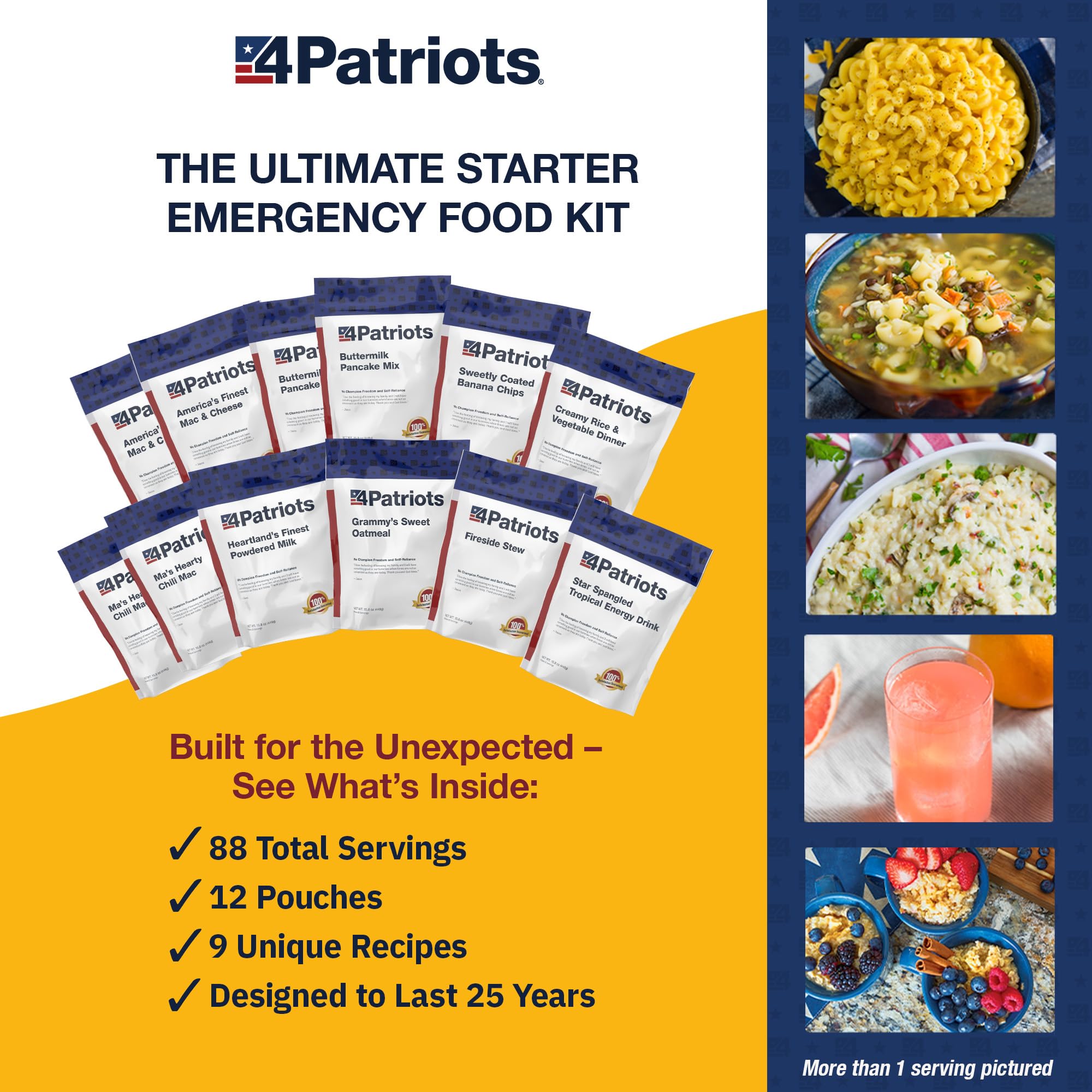 4Patriots Kit di emergenza alimentare: fornitura di cibo di emergenza progettato per durare 25 anni, 88 porzioni