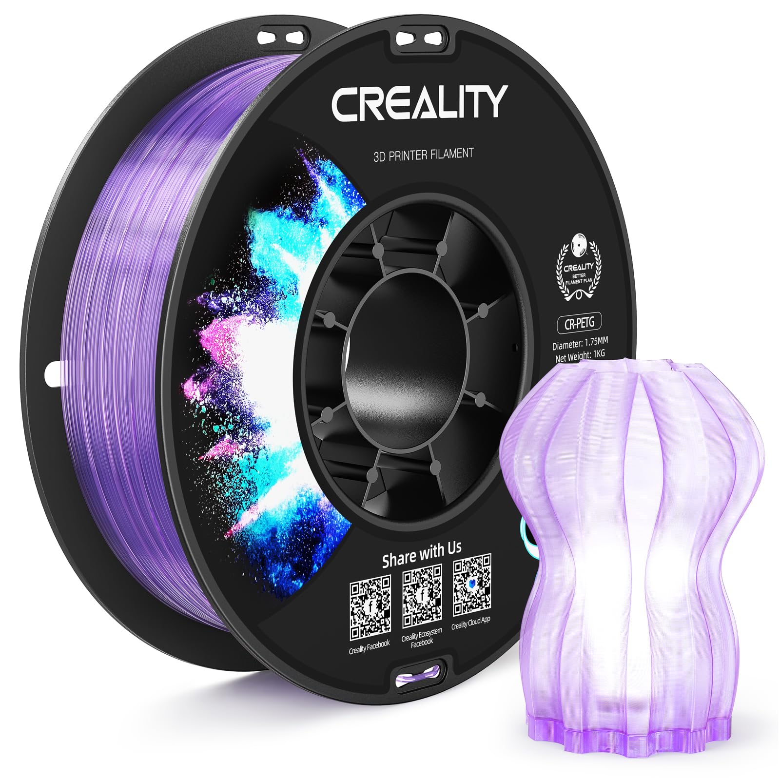CREALITY PETG Filament 1.75mm 3D Printer Filament, 1kg (2.2lb) Neatly Wound Spool, Dimensional Accuracy ±0.03mm, Fit for Ender, Bambu Lab, ELEGOO FDM Printers, Translucent Light Purple