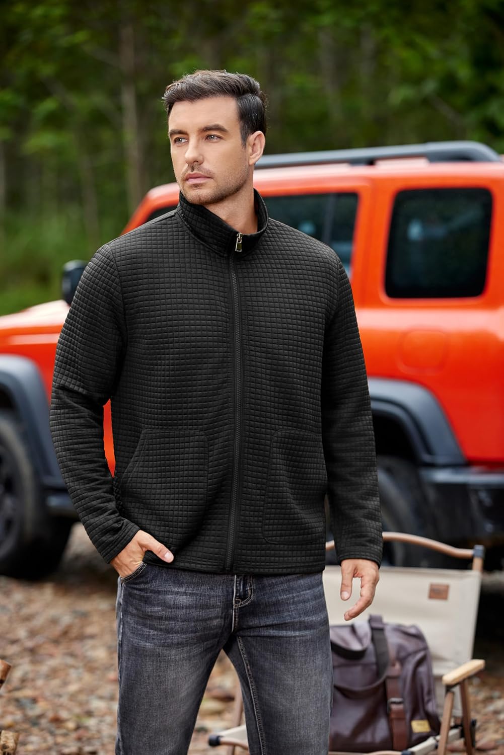 COOFANDY Men's Lightweight Varsity Jacket Casual Bomber Jackets Waffle Zip Up Sweatshirts with Pocket - Image 3