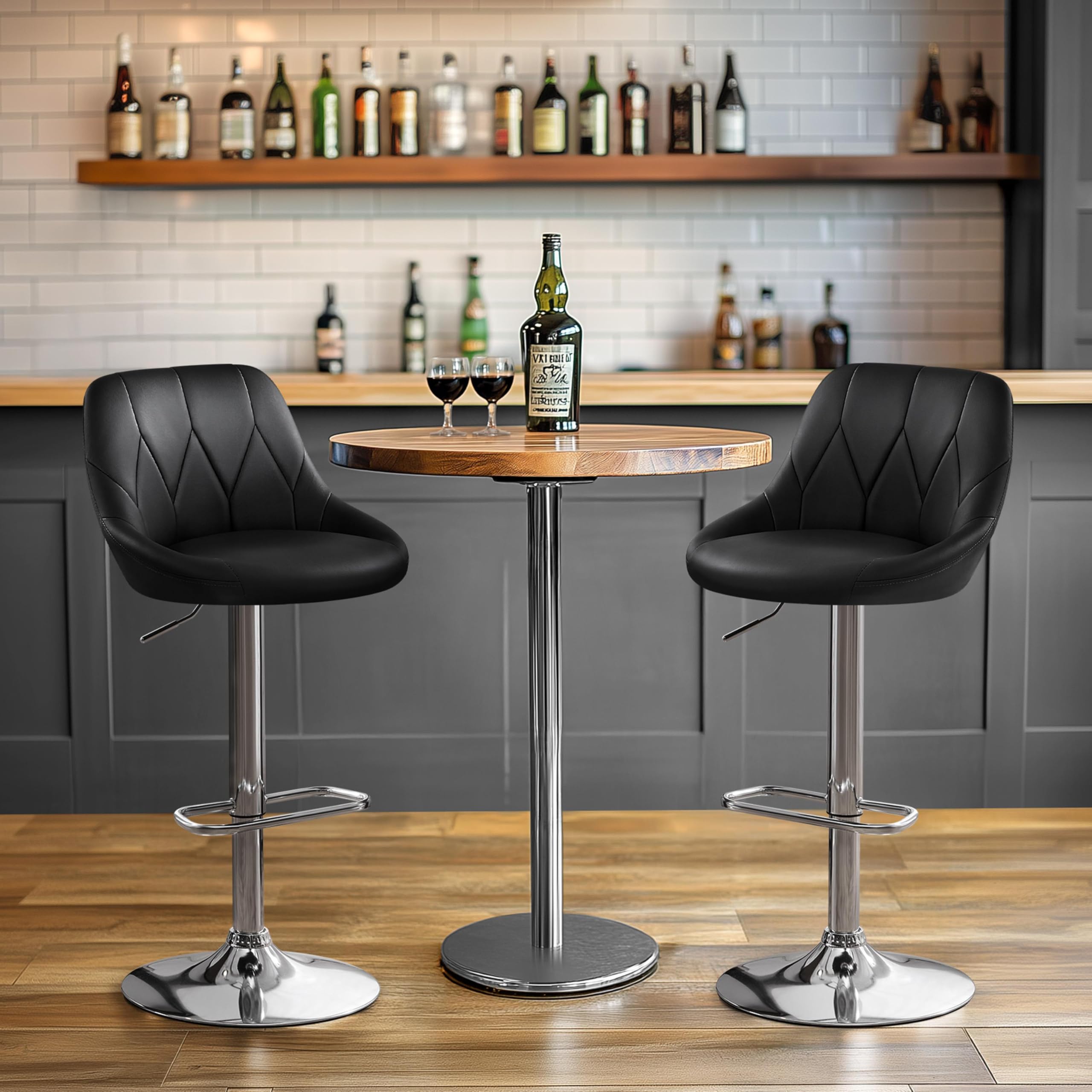 Yaheetech Juego de 1 taburete de bar regulable en altura, giratorio 360°, taburete acolchado con piel sintética para cocina, bar, salón, comedor, color negro