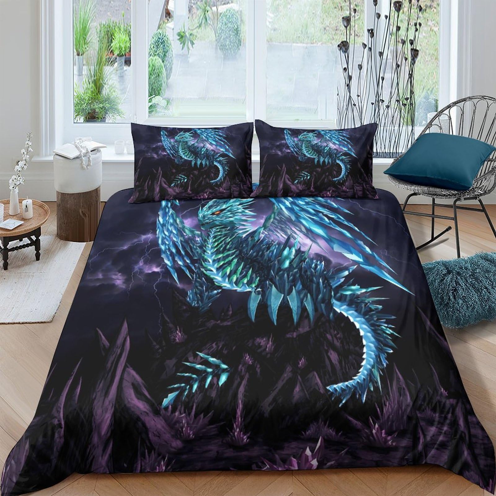 Ctjqhvkz Style-4 3D Printed Blue Dragon Fitted Sheet Microfiber Soft Dark Fantasy Mattress Cover For Bedroom Dorm Decor Single（135X200cm）