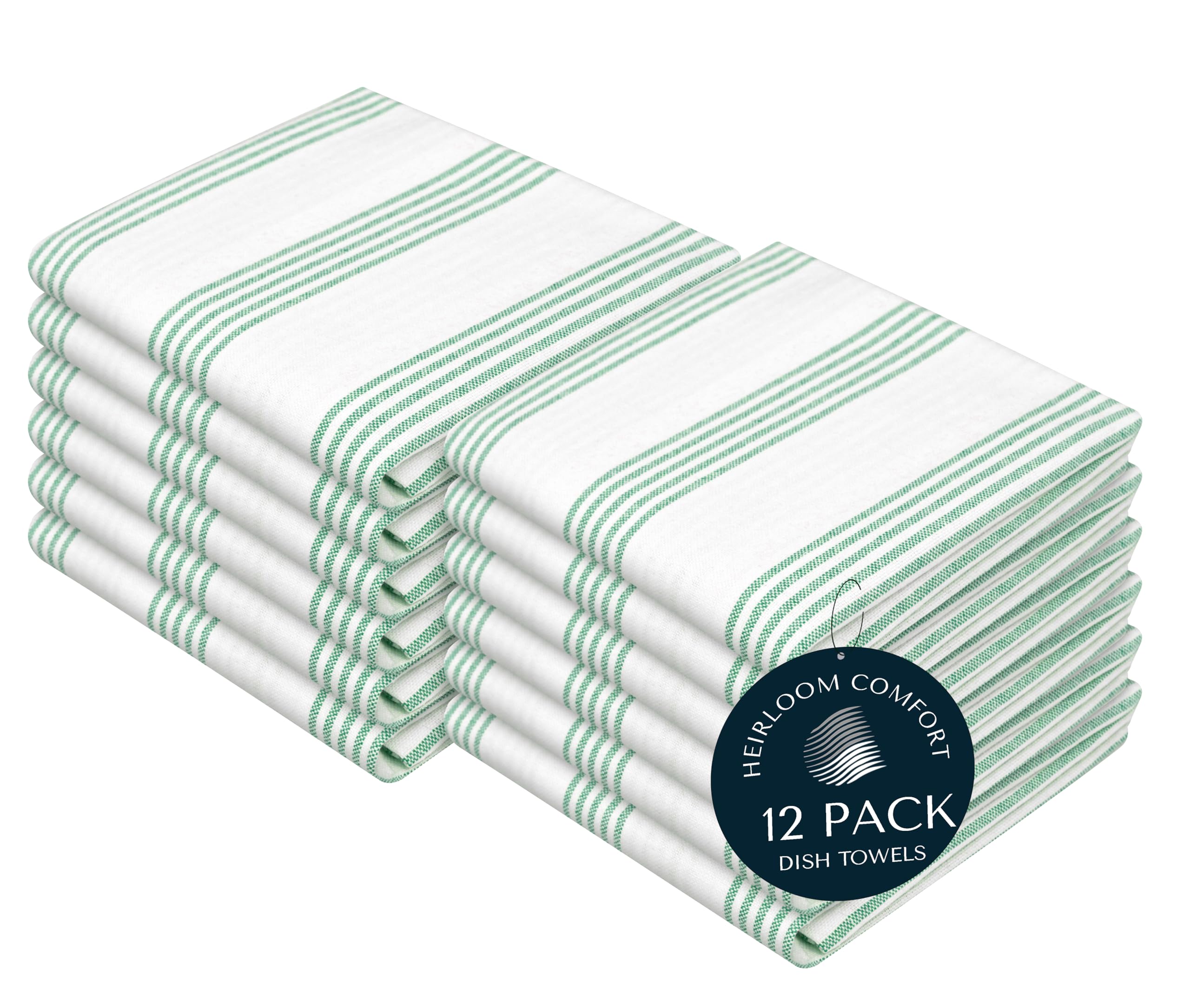 Strofinacci da cucina a righe verde mare (confezione da 12), ad asciugatura rapida, ultra assorbenti e durevoli, 100% cotone, a righe multiple, per asciugare i piatti, pulire e pulire