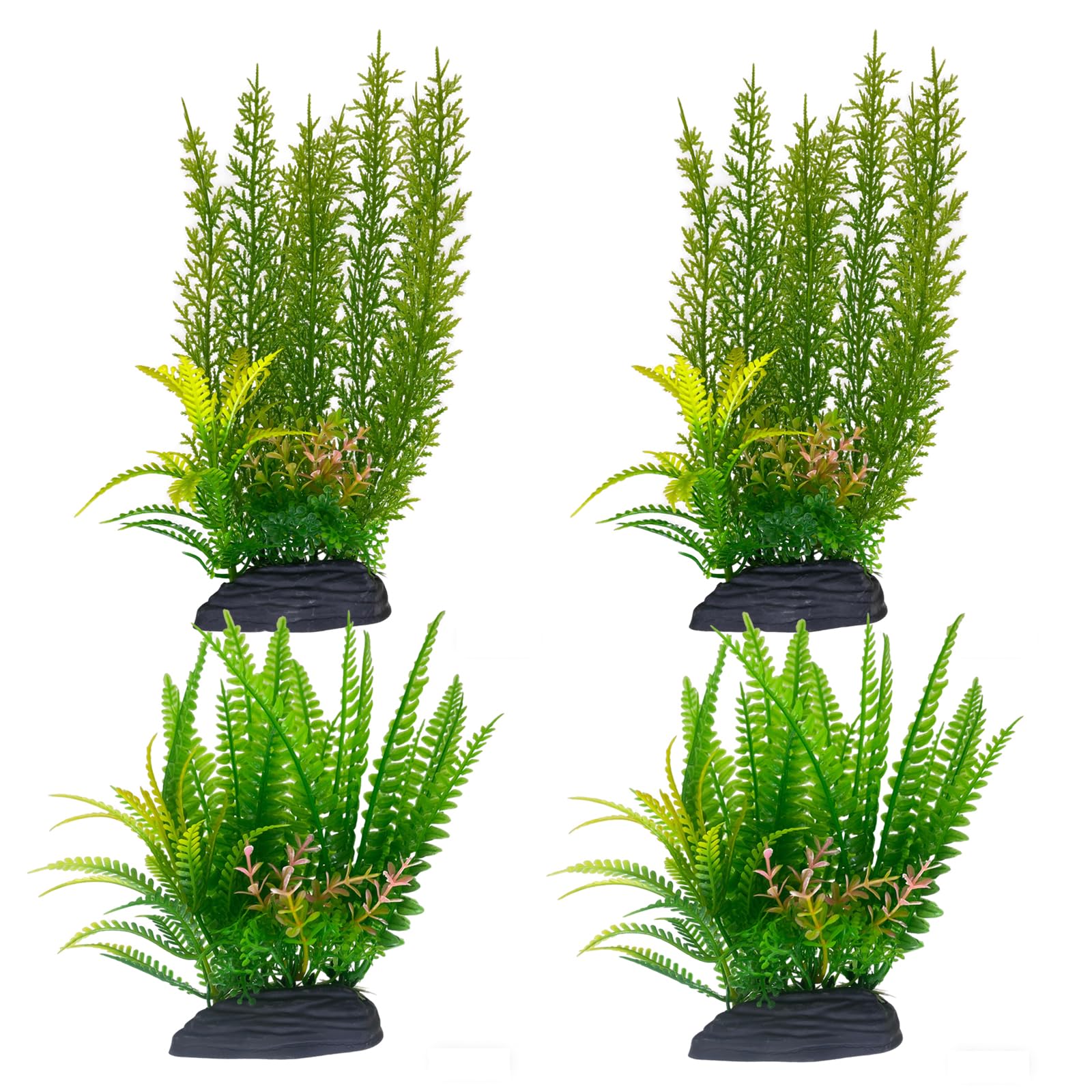 4pcs Plantes Artificielles pour Aquarium, Grandes Plantes Vertes en Plastique, Décoration d'Aquarium avec Base en PVC, 2x28cm et 2x18cm