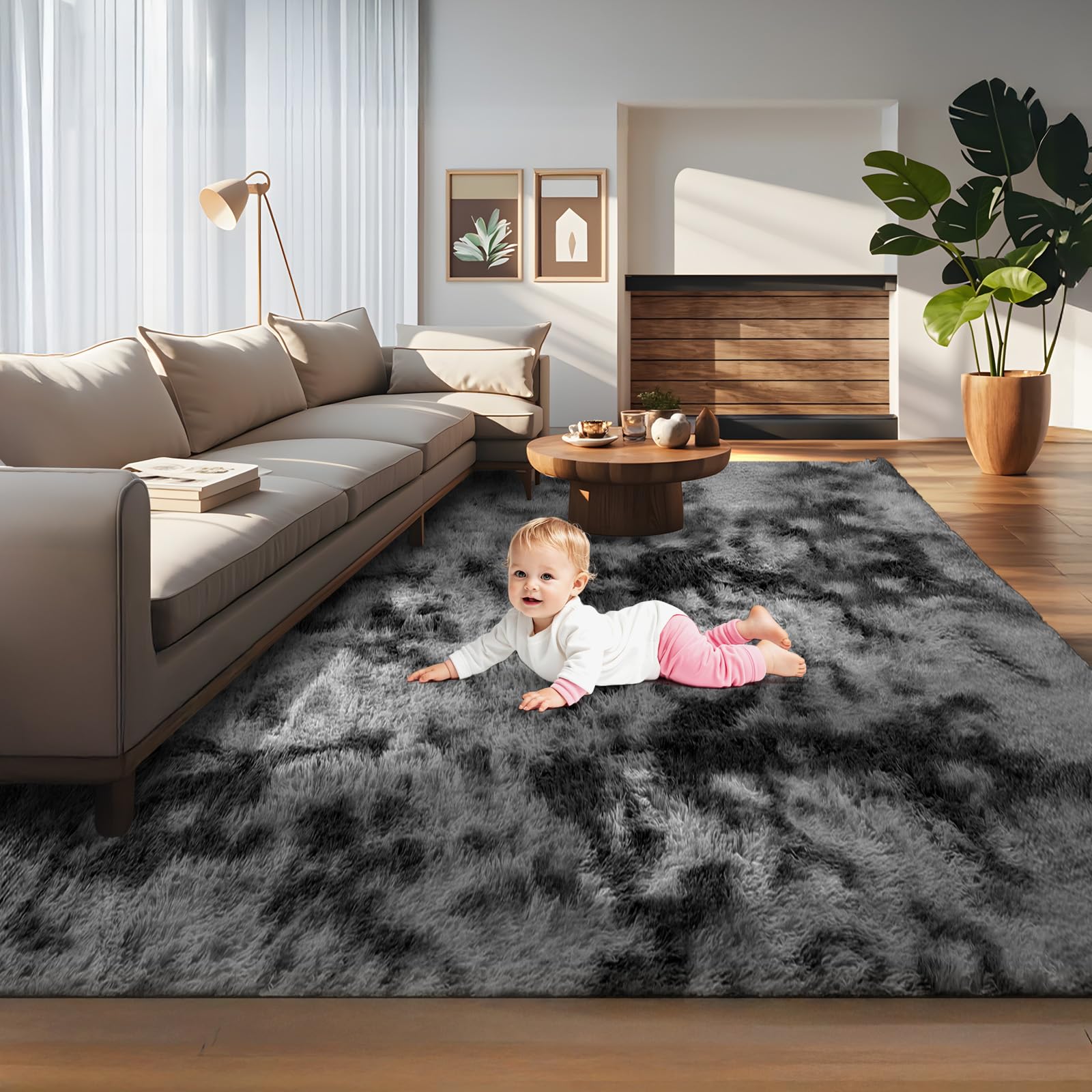 Grand tapis pour salon - 160 x 230 cm - Gris foncé - Tapis à poils longs ultra doux et moelleux pour chambre à coucher, chambre d'enfant, décoration d'intérieur, ne perd pas ses poils - envers