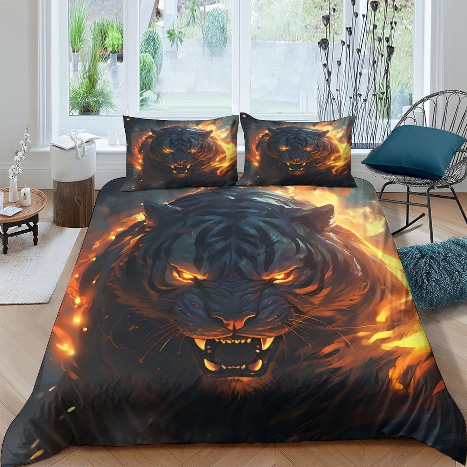 Ctjqhvkz Style-10 3D Printed Fiery Tiger Fitted Sheet Microfiber Soft Black Orange Wild Animal Bed Cover For Bedroom Dorm Room Mattress Protection Decor Single（135X200cm）