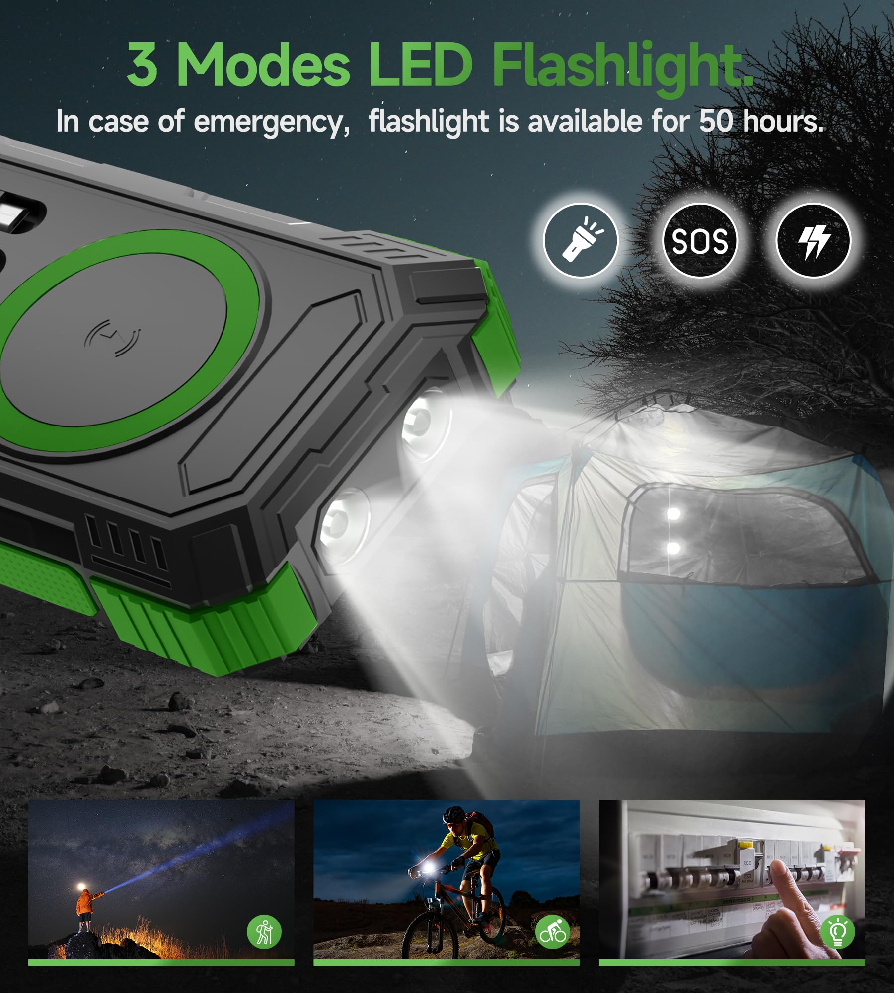Power Bank 56800mAh:30W Solar Powerbank USB C Wireless Charging Externer Akku Ladegerät mit 4 Kabeln Schnellladung 6 Ausgänge 3 Eingänge,Powerbank Solar Outdoor mit Camping LED Lampe, Kompass