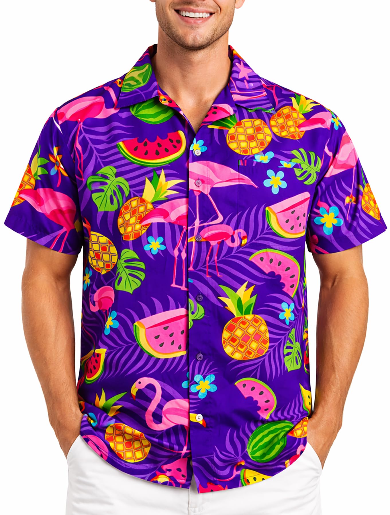 King Kameha Men's Purple - Flamingo Melon Hawaiian Shirt For – Tropical ’S Hawaiian Shirt Short Sleeve, Flamingo Melon, Purple, 6XL