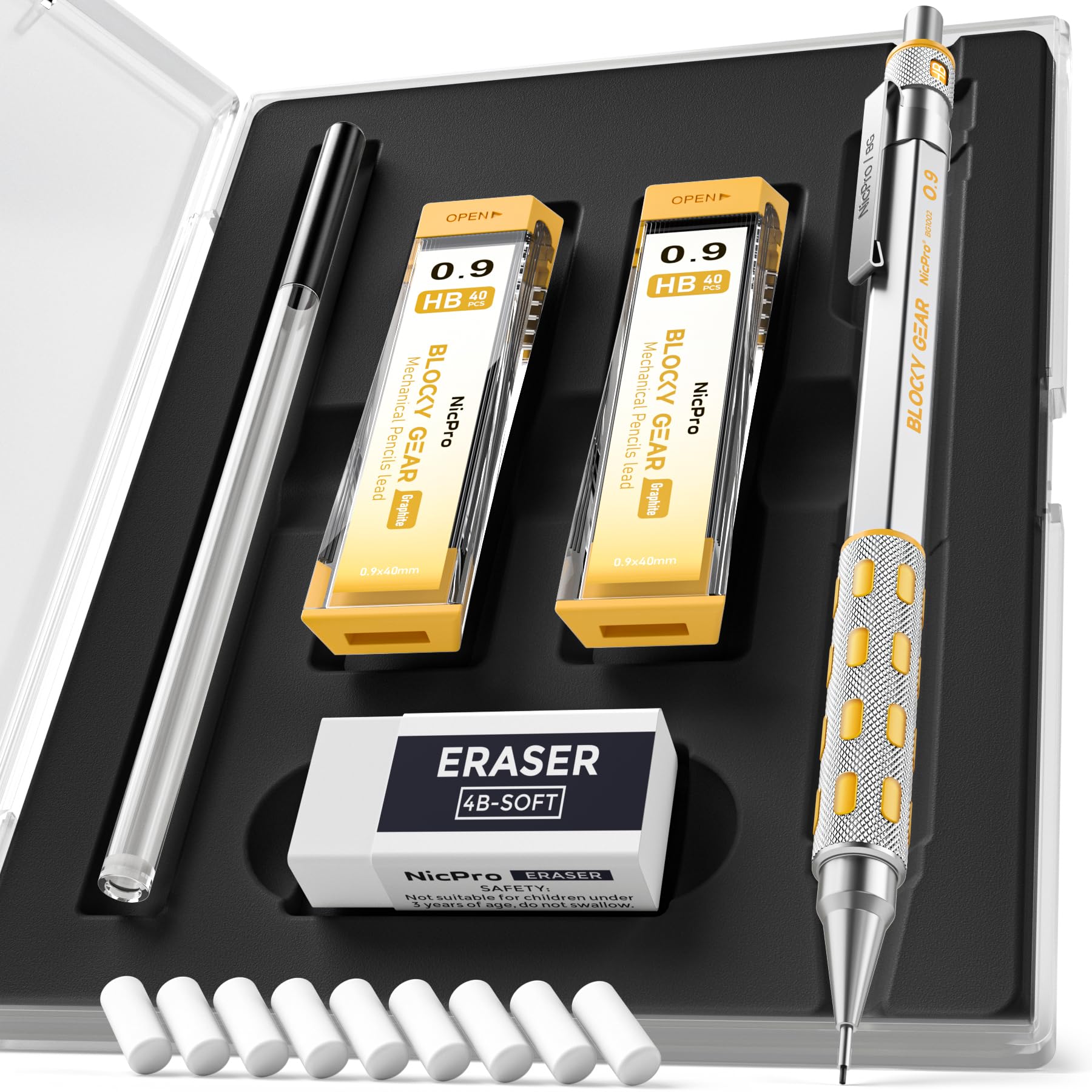 Nicpro - Blocky Gear 0.9mm Mechanical Pencils Set in Case, Metal Pencil with 0.9mm HB Lead Refills, Eraser for Writing, Drawing, Design and Art Professional and Adult