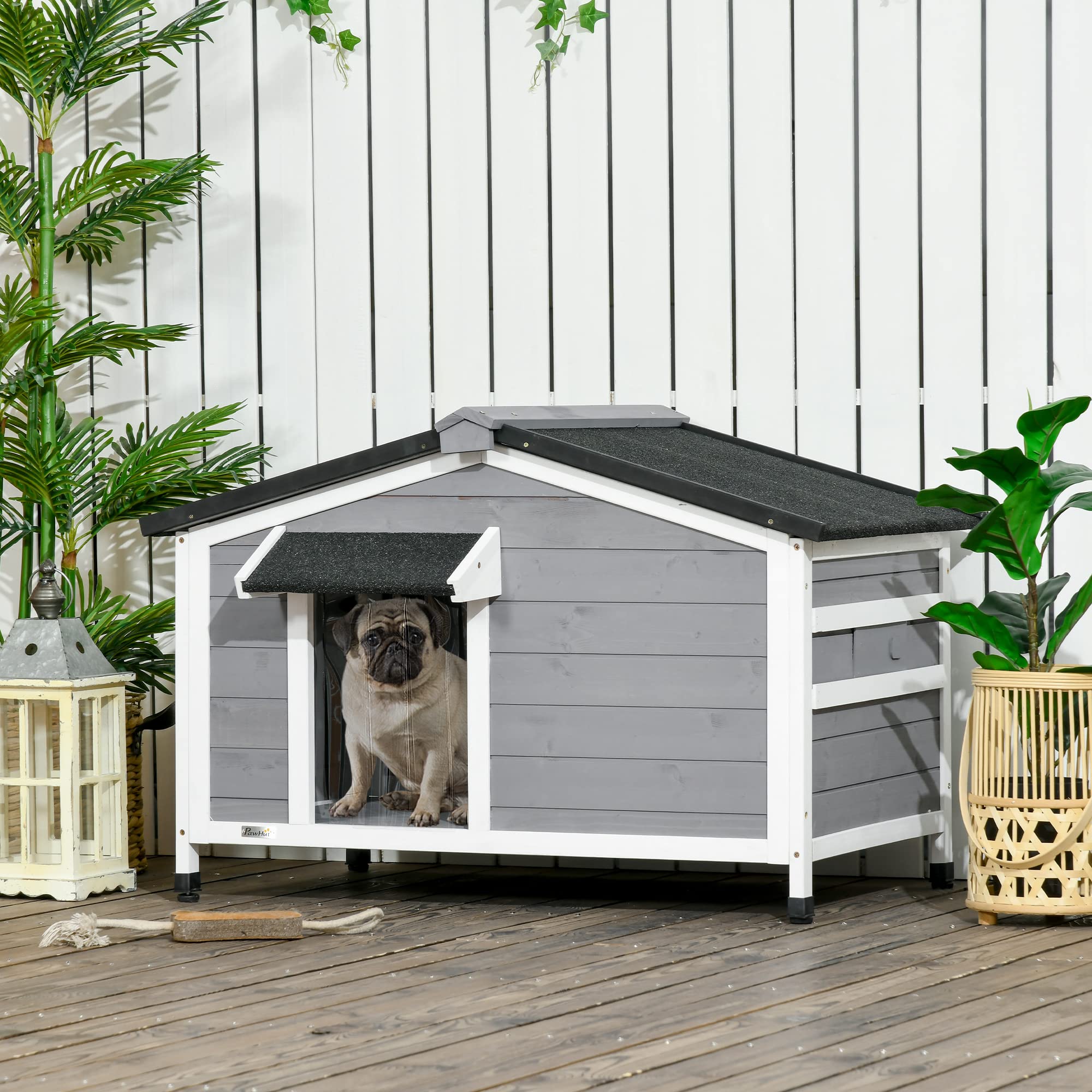 PawHut Caseta para Perros Exterior Casa para Perros Pequeños con Techo Asfáltico Abatible 2 Ventanas Puerta con Cortina y Base Extraíble 97x72x65 cm Gris