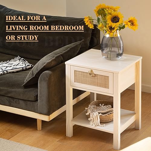 Miniatura 7 de SICOTAS Juego de 2 mesitas de noche blancas cajón decorativo de ratán con pomos de latón mesita de noche de madera mesas auxiliares bohemias con