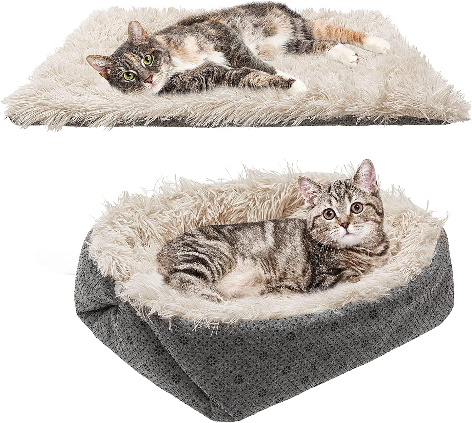 PUPTECK Foldable Self Warming Cat Mat, Convertible Kitty Heated Bed, Furry Thermal Cat Sleeping Bag, Non-Slip Pet Nest for Cats Puppies…