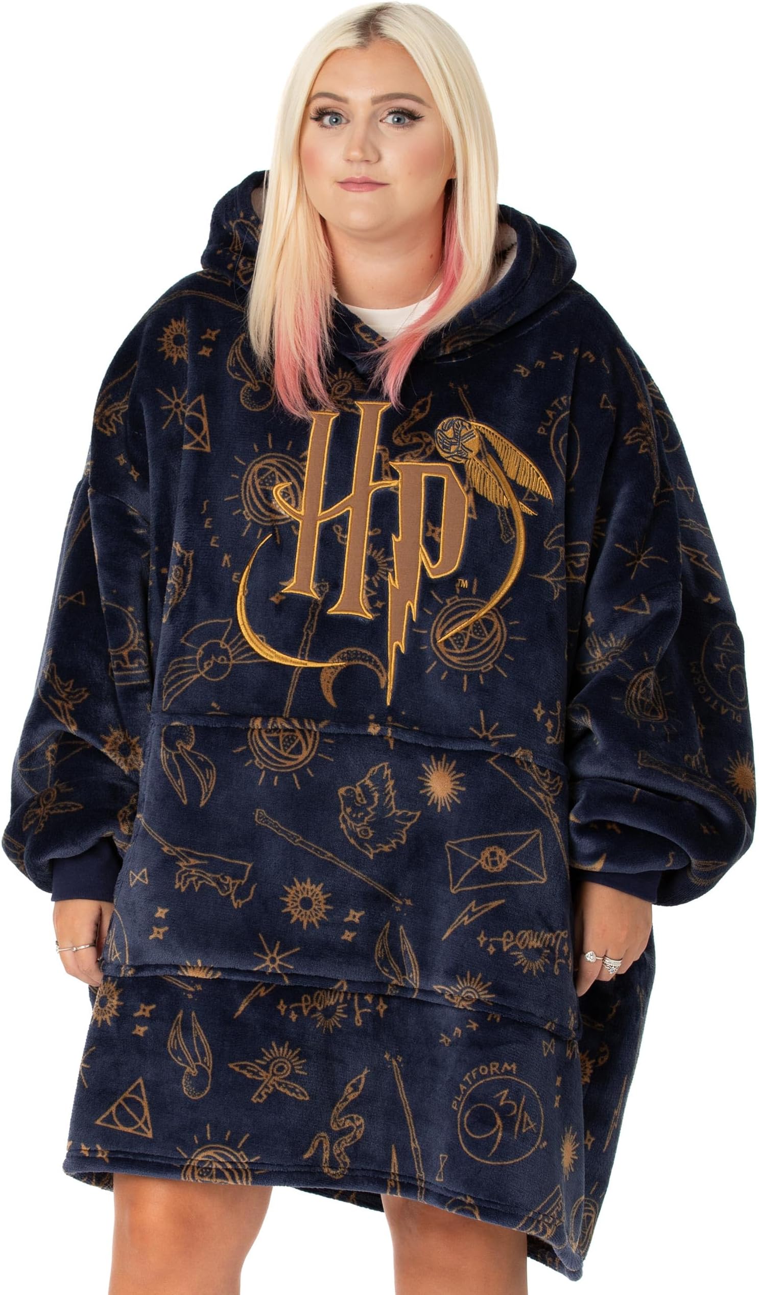 Harry Potter Vuddie Oversized Blanket Hoodie for Men and Women, Icons and Logo, Fluffy Fleece Pullover, One Size Sweatshirt with Large Pocket