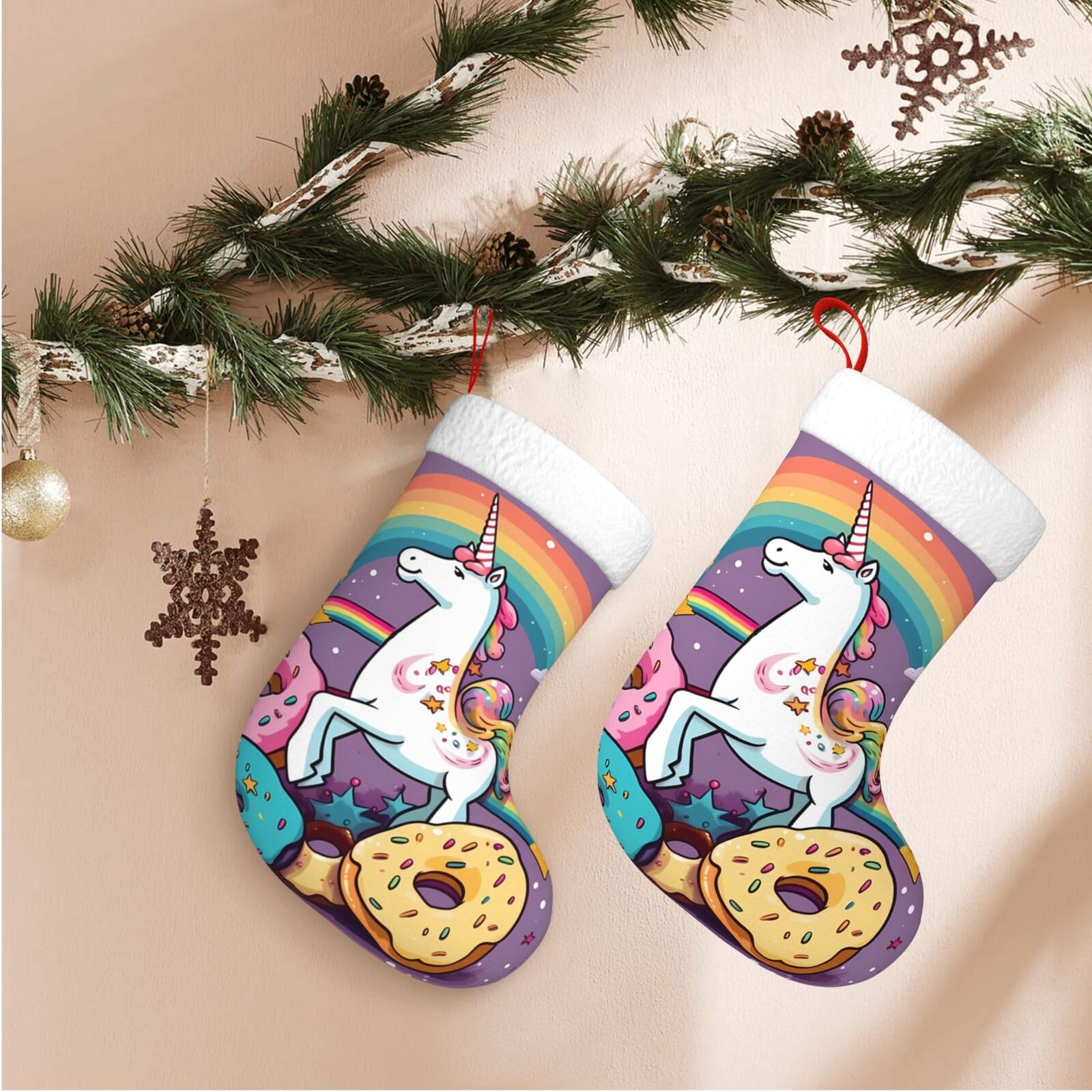 Horse Doughnut Rainbow Christmas Stockings Velvet Xmas Fireplace Hanging Stocking with Plush Cuff Rustic Christmas Santa Stockings for Home Christmas Decorations Party Favor Supplies