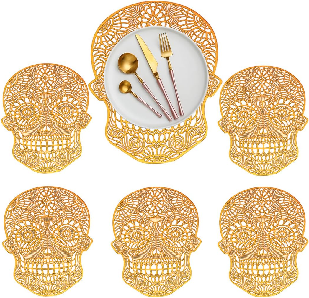 Hollow Out Skull Shape Placemats Pressed Vinyl Metallic Placemats Set of 6 Pcs, Heat Resistant Table Mats for Party Halloween Dinner Table Decorations, Style B Mixed Color