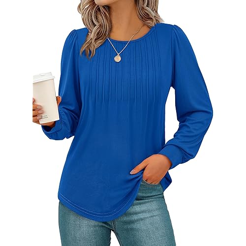 NALANISA Women's Puff Long Sleeve Tunic Tops Pleated Work Blouses Dressy Casual Loose Crew Neck T-Shirts Fall Fashion 2024