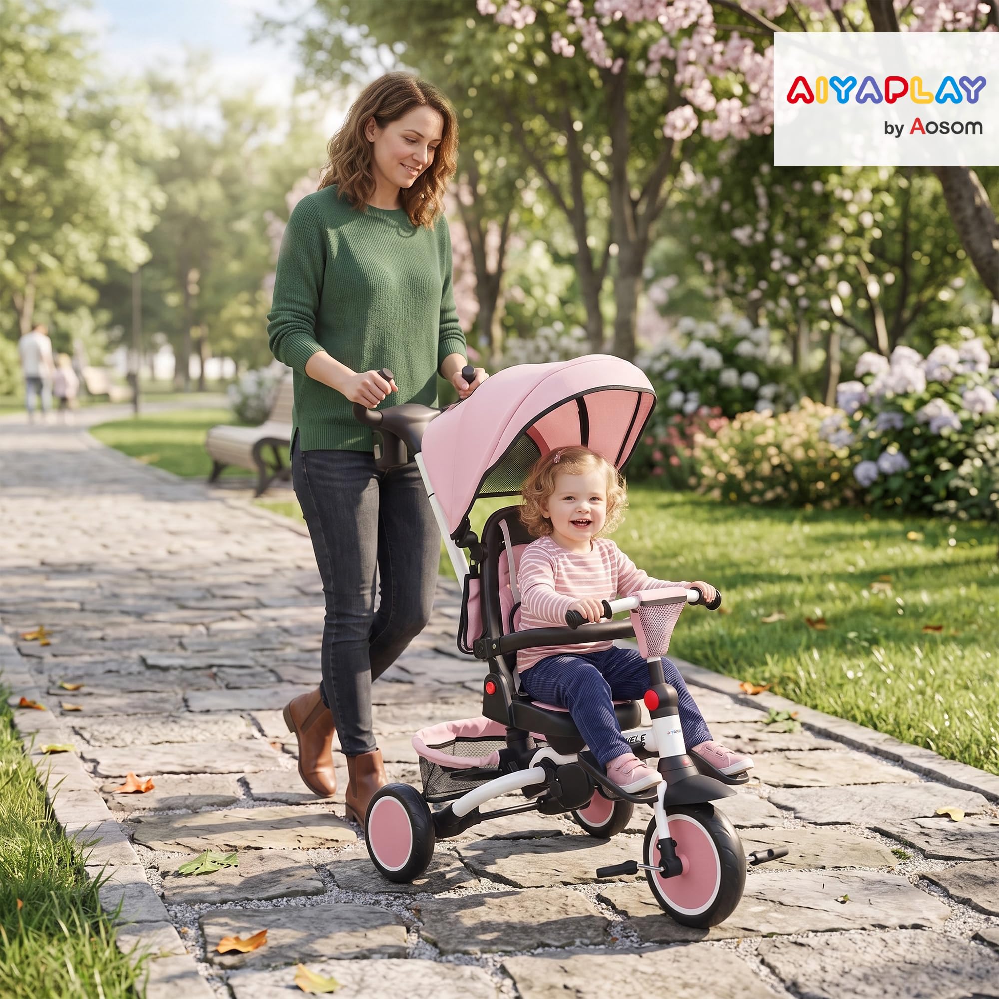 AIYAPLAY 6 in 1 Triciclo Passeggino Bici per Bambini 1-5 Anni 25Kg Rosa