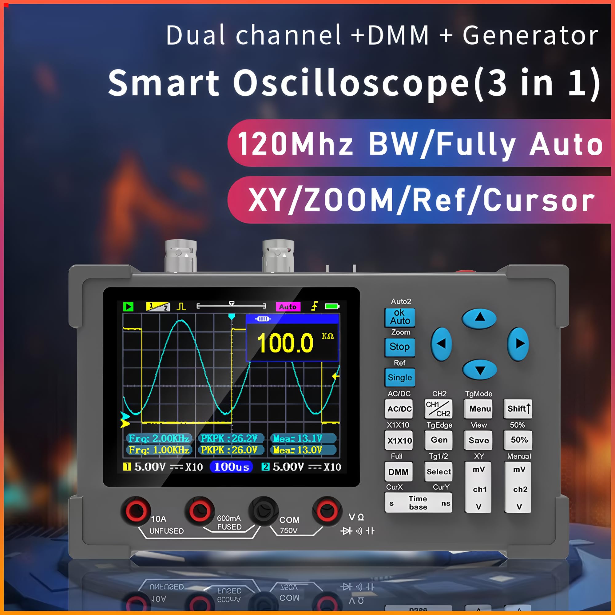 Oscilloscopio digitale ZEEWEII 3in1, multimetro, generatore di segnali, canale doppio, larghezza di banda 120MHz, frequenza di campionamento 250MSa/s, oscilloscopio portatile (DSO3D12)